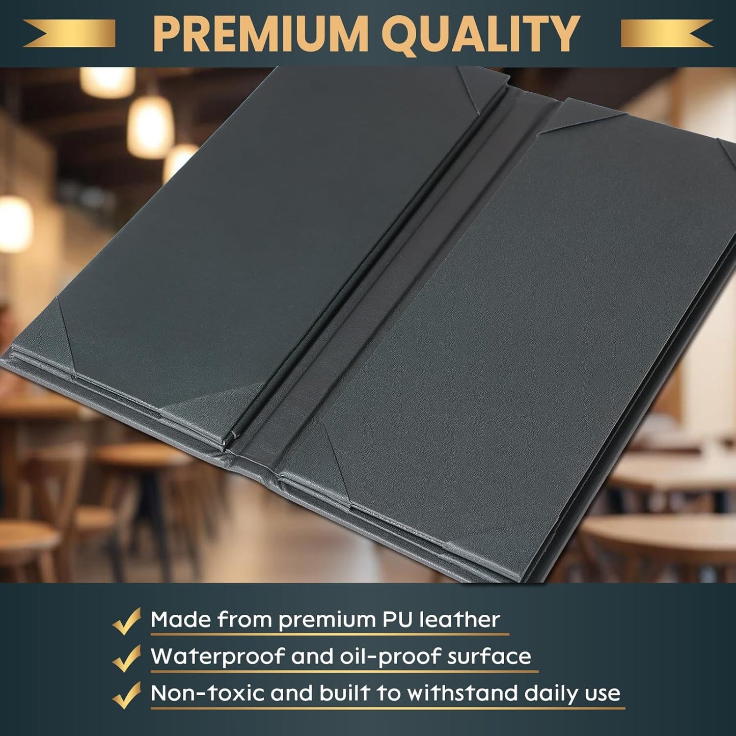 2 Pack 6 View Menu Holder Menu Covers 4.25" x 11" | Black Leather Menu Sleeves Book Style for Restaurant Coffee Bars Wine List