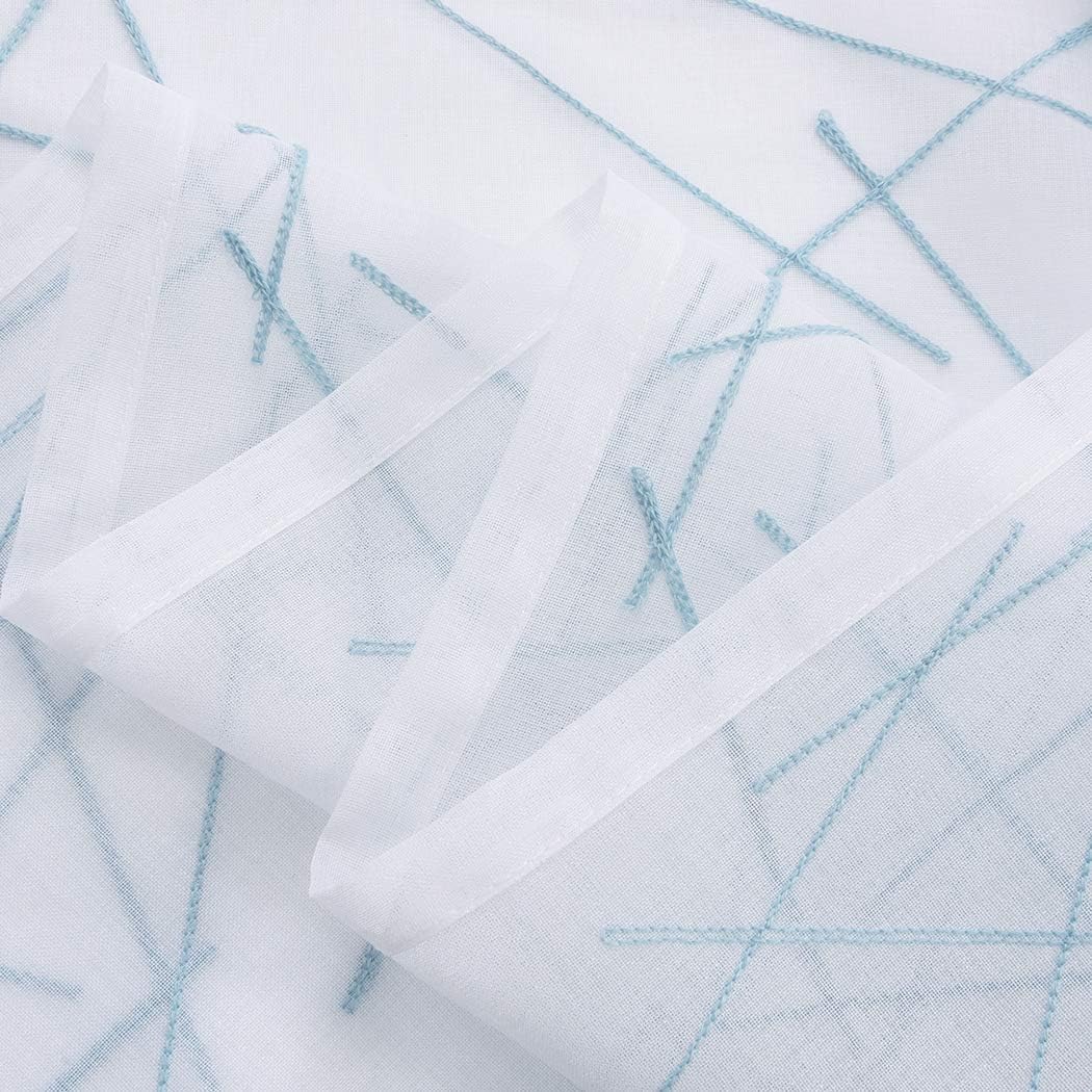 MYSTIC-HOME Sheer Blue Curtains 95 Inches Embroidered Branch Patterned Semi Window Treatments Rod Pocket Voile Curtain Panels for Living Room, Bedroom, Yard, Patio, Villa, Parlor, Set of 2, 52"x95".