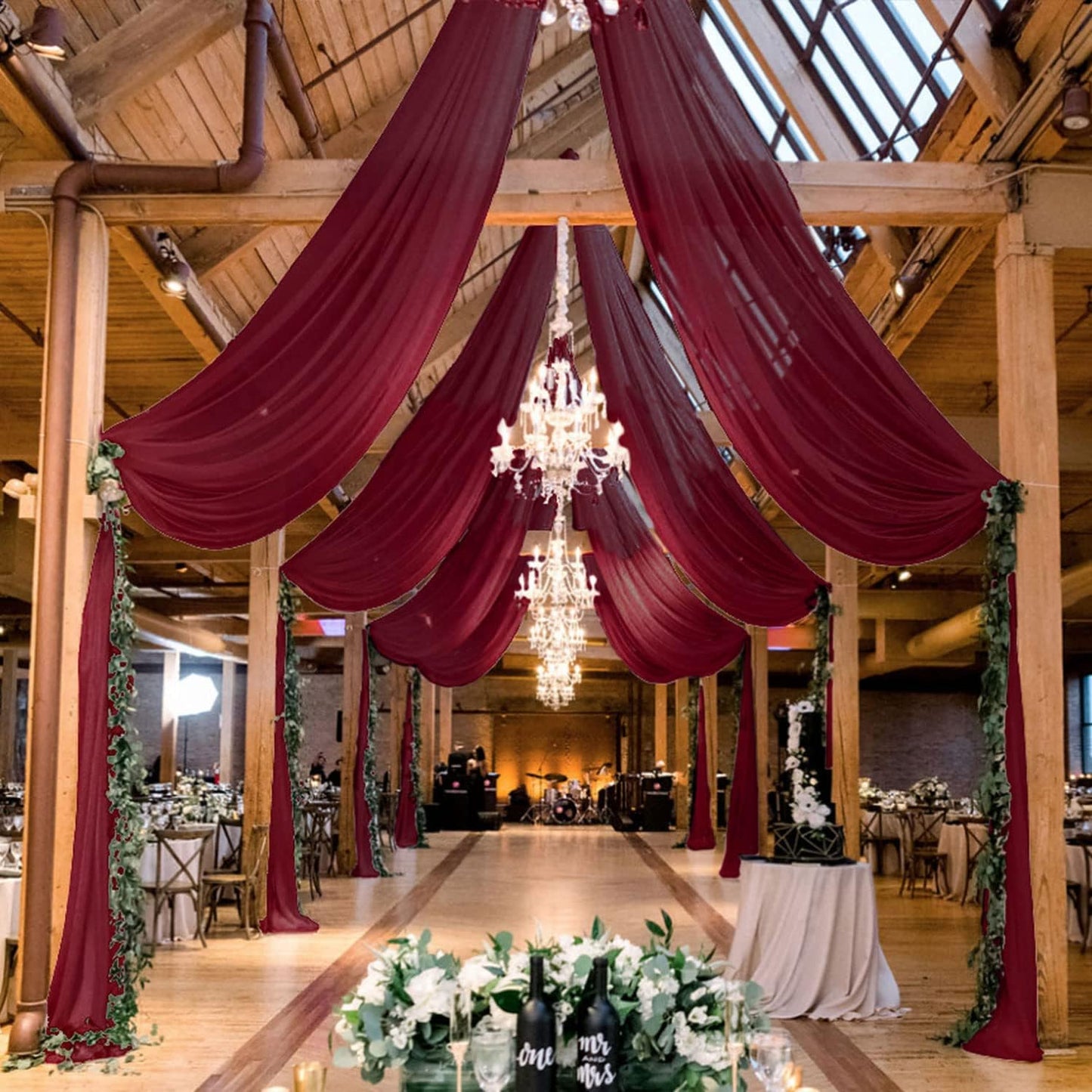 MODFUNS Burgundy Ceiling Drapes for Weddings 5FTx20FT 2 Panels Sheer Wedding Arch Draping Chiffon Fabric Ceiling Drapery Arbor Archway Drapes Tulle Curtains for Ceremony Swag Wedding Decorations