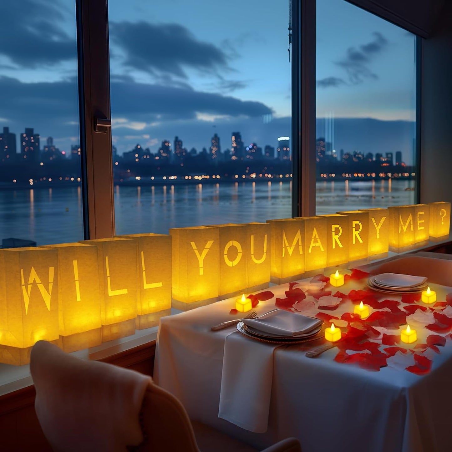 Homemory Will You Marry Me Light Up Letters Proposal Decorations with Flameless Candles and Fake Rose Petals, Valentine's Day Luminary Bags Decorations for Wedding Engagement