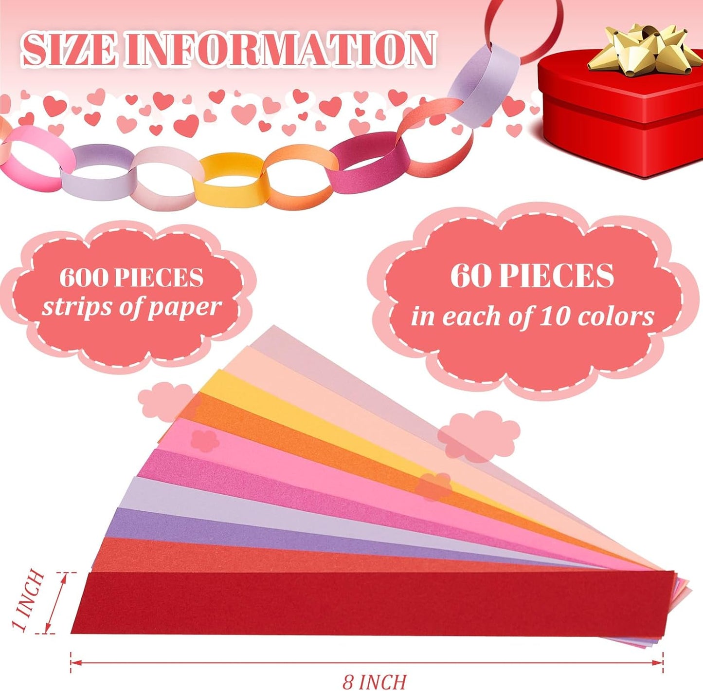 Lincia 600 Sheet Halloween Paper Chain Garland, Construction DIY Crafts Chain Strip for Fall Thanksgiving Party Decor, 1x8 Inch with Double Sided Tape (Valentine)