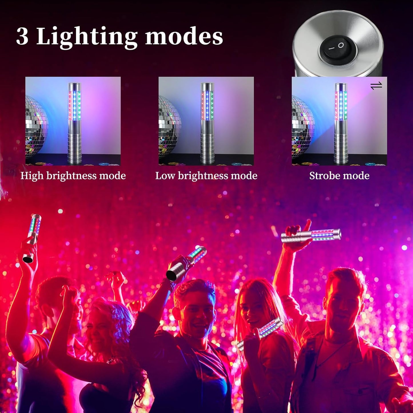 2 Pieces RGB LED Strobe Baton Light Rechargeable Bottle Service Sparklers Stick Reusable Champagne Bottle Handheld LED for Club Stage Nightclub Party Concert Event Bar Outdoor - Silver