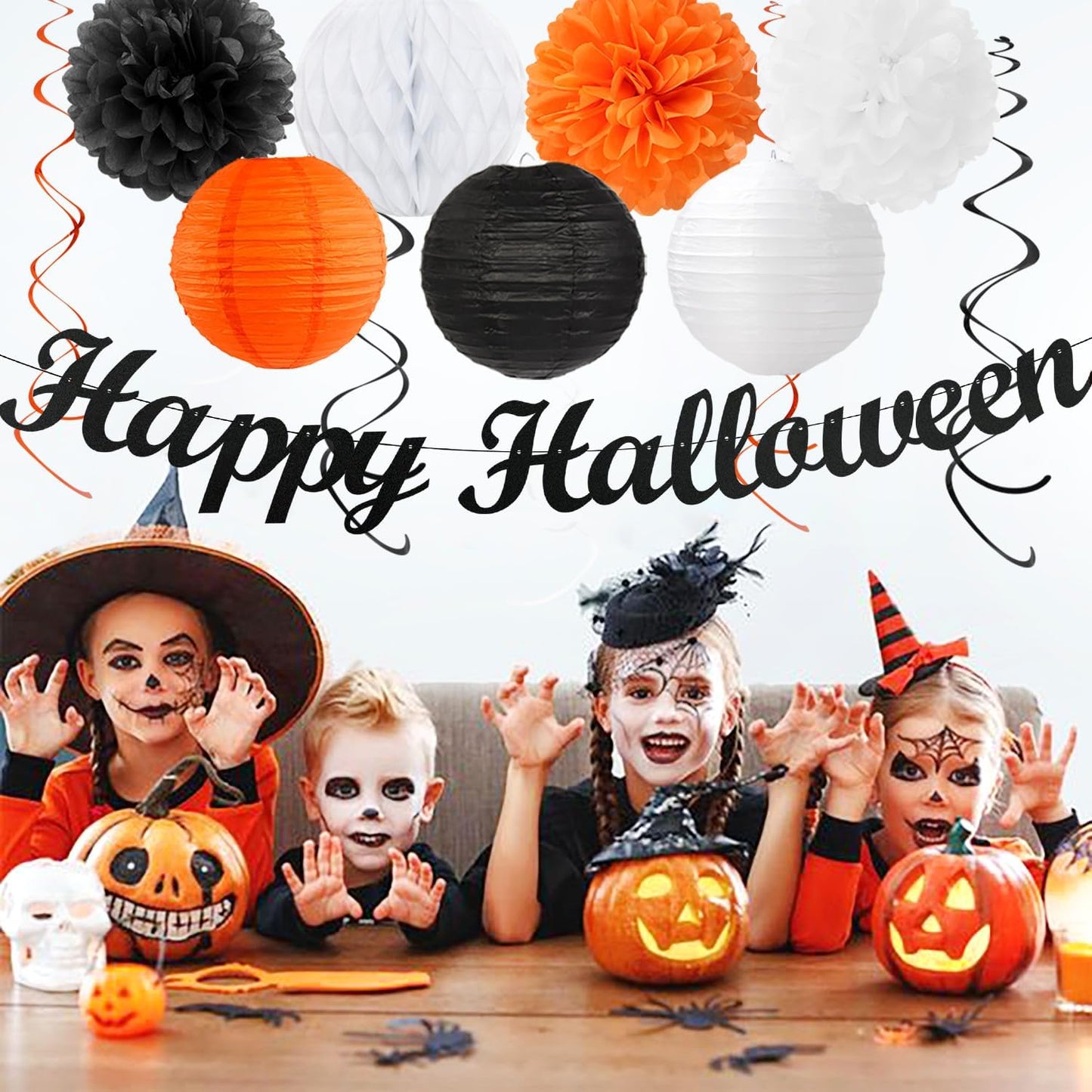 Black-White Orange Happy-Halloween Party-Decorations - 21pcs Birthday Banner,Paper Lanterns Honeycomb,Tissue Pom Poms Flower Fan,Kids Classroom Hanging Streamers Garland Decor Supplies Huglony