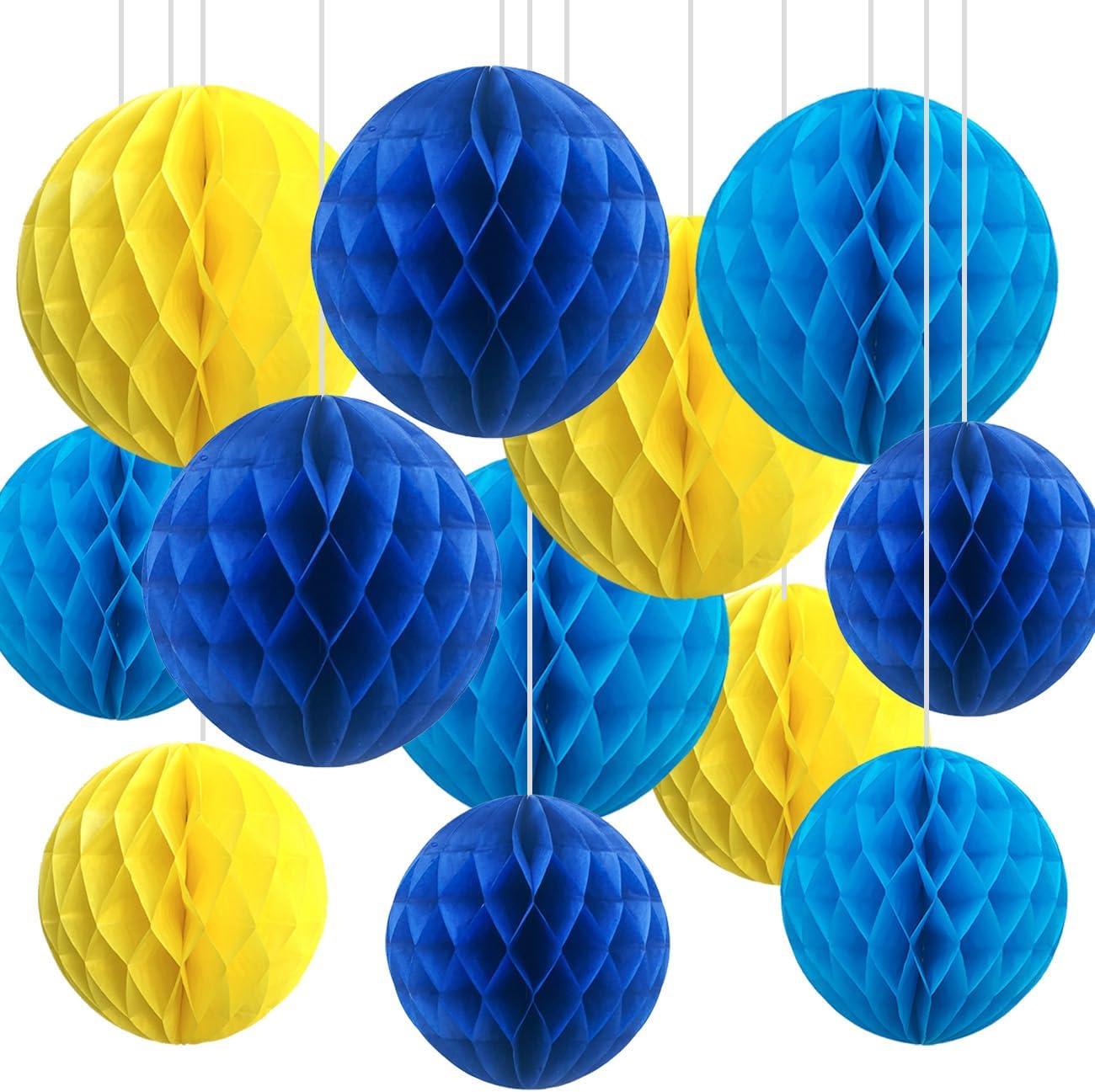 CC wonderland zone 12pcs Blue and Yellow Paper Honeycomb Balls,6" & 10" Hanging Tissue Pom poms for Birthday Party Decoration