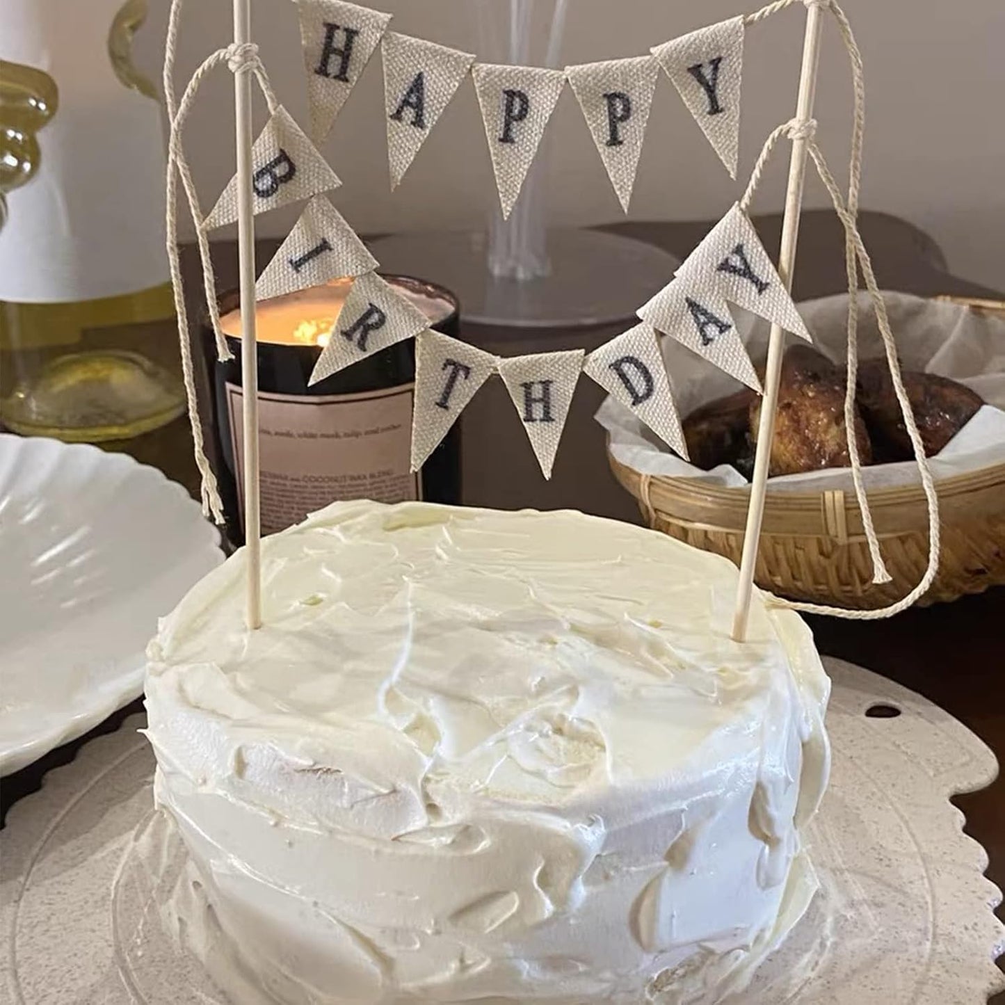Happy Birthday Cake Bunting Topper Cake Topper Garland, Handmade Pennant Flags with Wood Pole Ivory (Without Pink Rose)