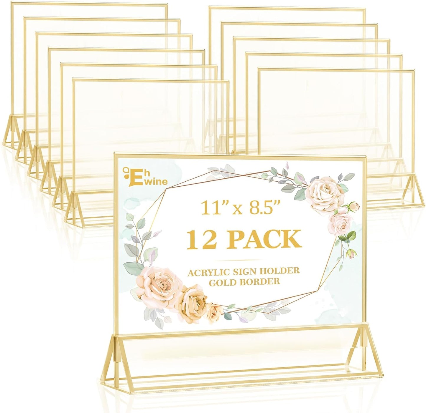 EHWINE 12 Pack Acrylic Sign Holder 8.5 x 11 Horizontal, Double-Sided Stand up Table Top Sign Holders, Gold Acrylic Picture Frame Menu Flyer Paper Holder Display Stand for Office Business Store Wedding Party