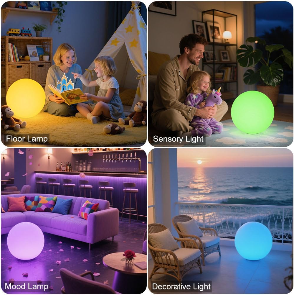 14-in LED Ball Light, Rechargeable Outdoor Globes Light Dimmable RGB Color Changing Globe Floor Lamp w/Remote, Modern Versatile LED Globe Orb Lights Waterproof Glowing Orb Lamp for Home Yard Lawn Path