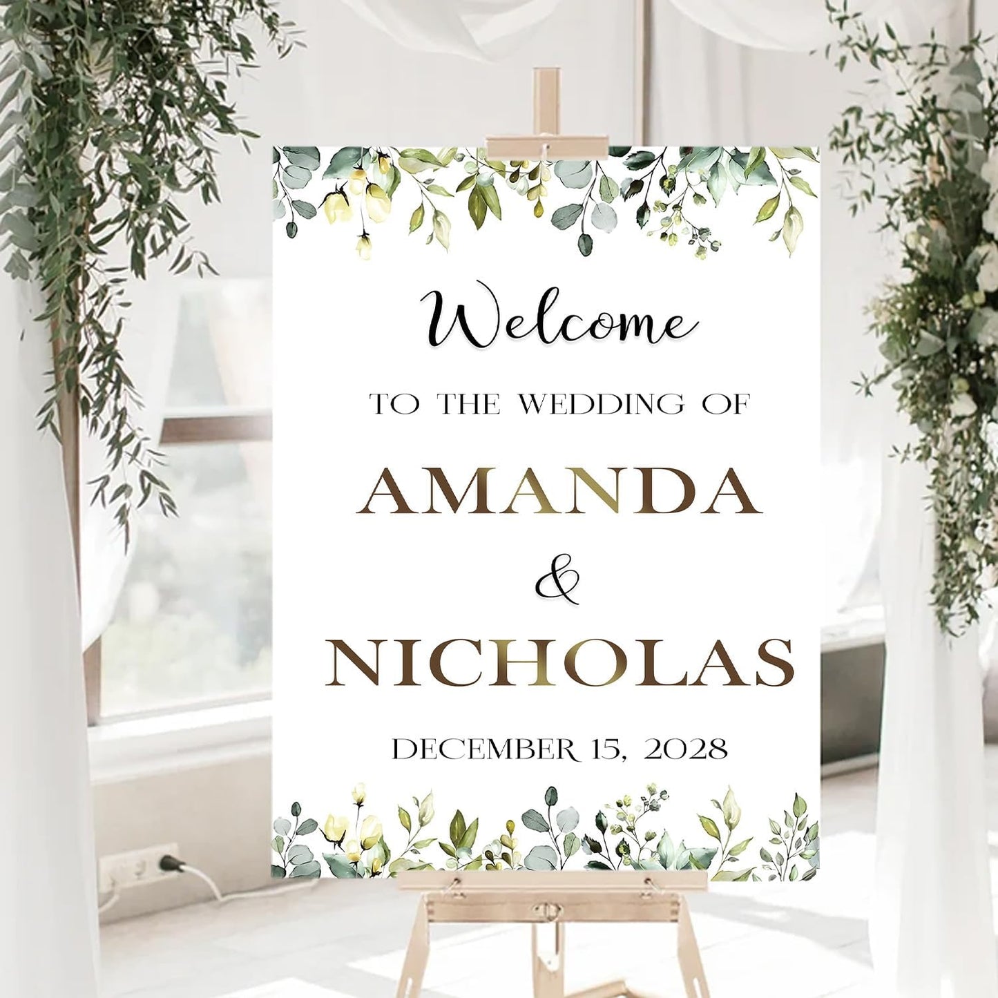 Welcome To Our Wedding Sign With Stand, Welcome Sign For Wedding Entrance, Greenery Floral Theme Wedding Sign Decoration, Reserved Signs For Wedding, Personalized Wedding Sign