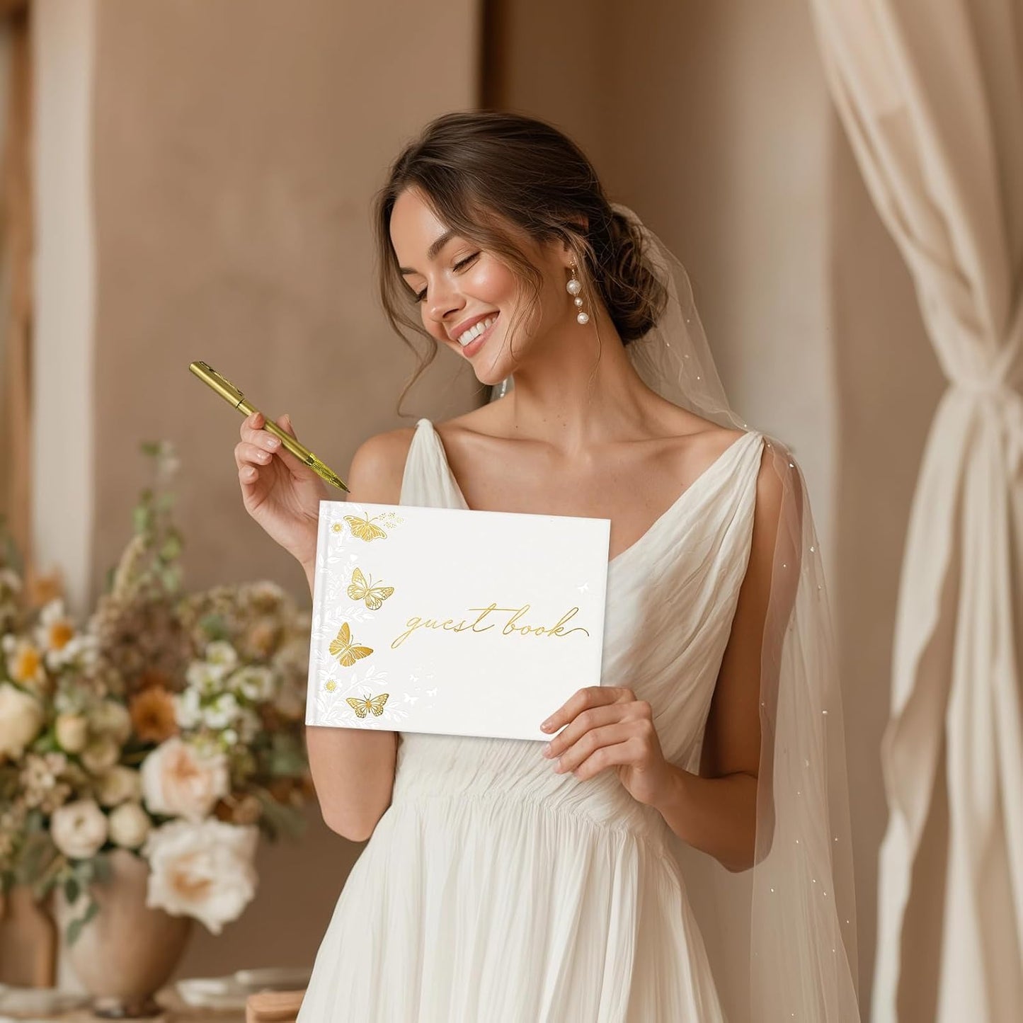 FREXISYN Wedding Flower Guest Book 9x7'' - Personalized Photo Guestbook with Pens for Reception, Baby Shower & Birthday [hardcover]