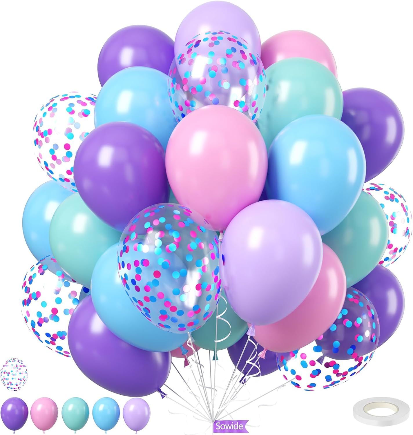 Mermaid Balloons, 50Pcs 12 Inchs Baby Pink Purple Blue Confetti Balloons for Girls Princess Birthday Ocean Theme Party Baby Shower Wedding Engagement Decorations