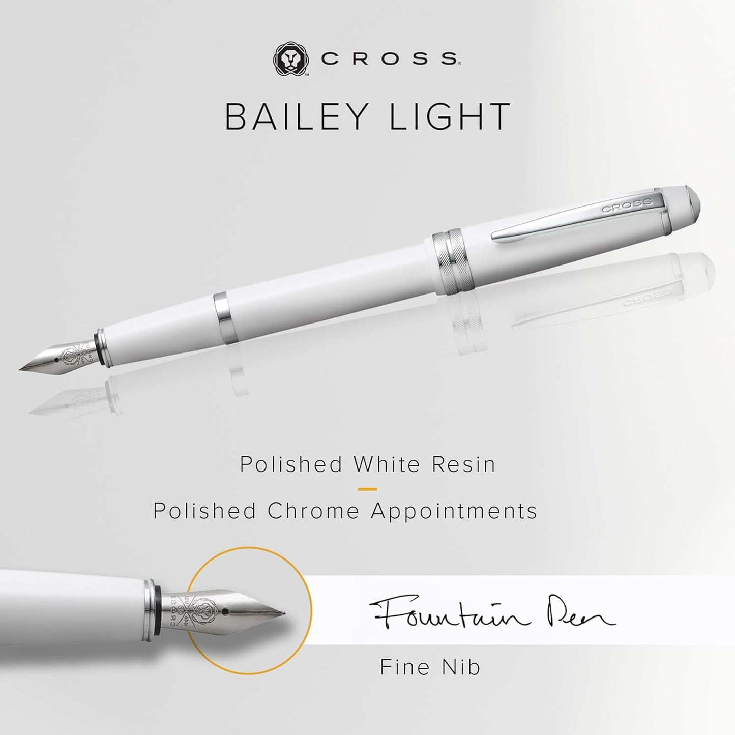 Cross Bailey Light Refillable Fountain Presented in a Everyday Gift Box - Medium Point, Black Ink, Polished White