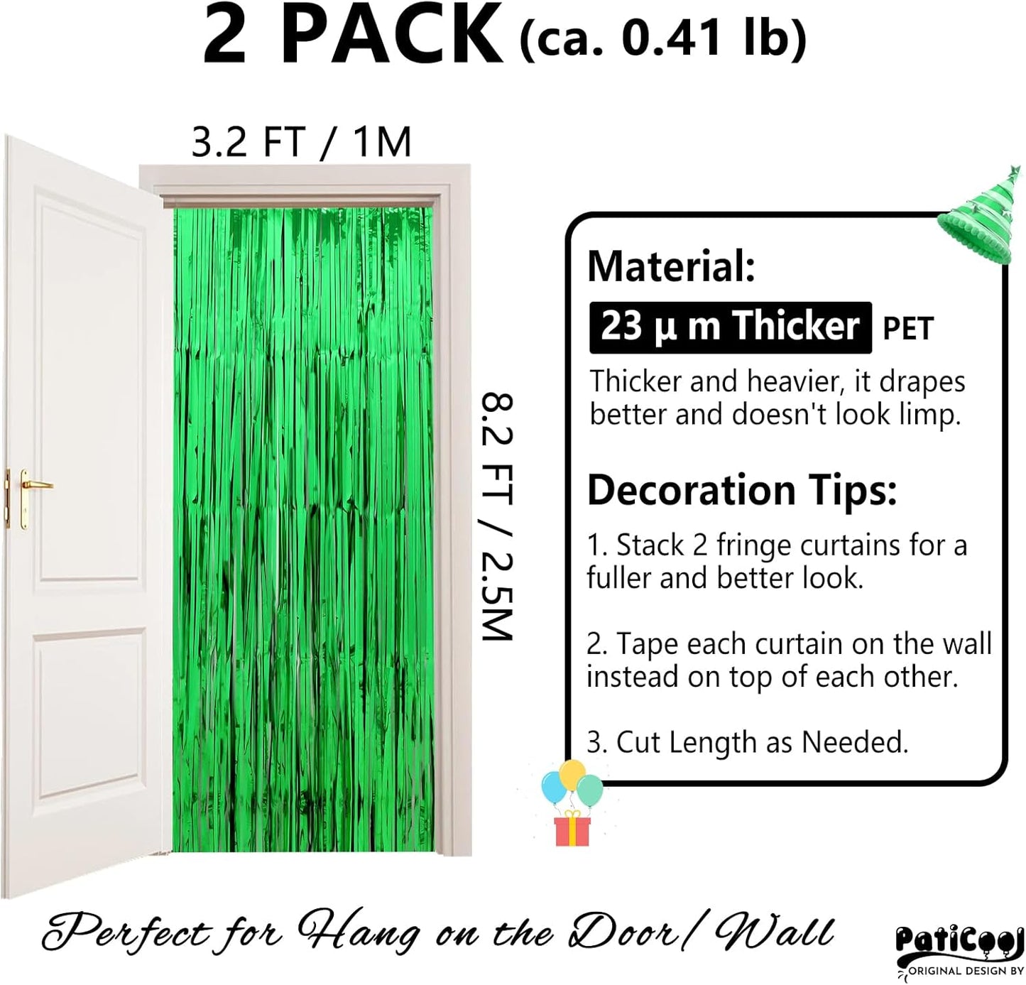 Green Streamers Party Decorations - Thicken 2 Pack 3.2 x 8.2 FT - Tinsel Foil Fringe Curtains Party Backdrop for Birthday, Dinosaur, Jungle, Football, Golf Party Decorations