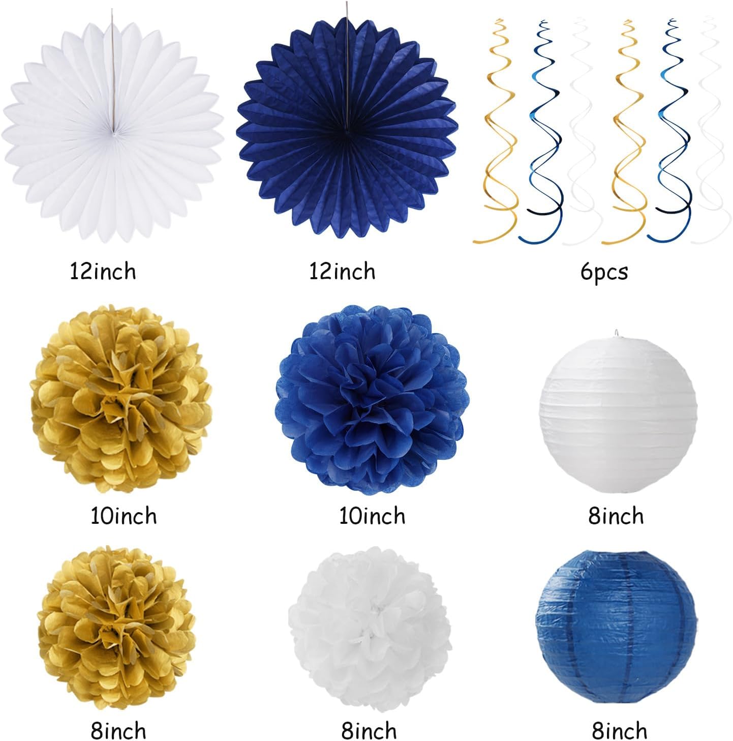 Royal-Navy Blue White Happy-Birthday Party-Decorations - 31pcs Men Women Boys Girl Paper Lanterns Streamers Banner,Gold Tissue Flowers Pom Poms Fans Tassels Graland Decor Supplies Hugmoon