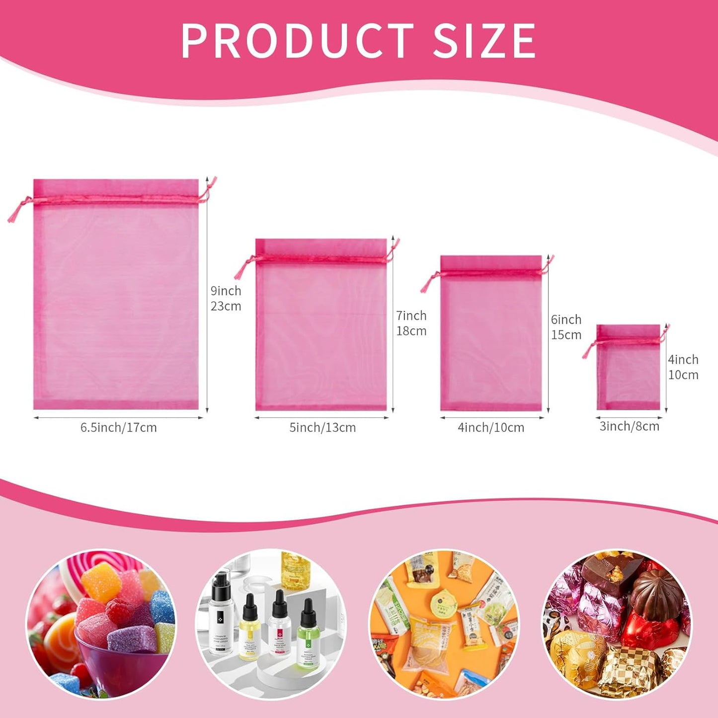 50 Pcs Hot Pink Organza Gift Bags 6x9 Inch, Mesh Bags Drawstring Jewelry Pouch Bags Goody Bags for Candy Wedding Party Favor