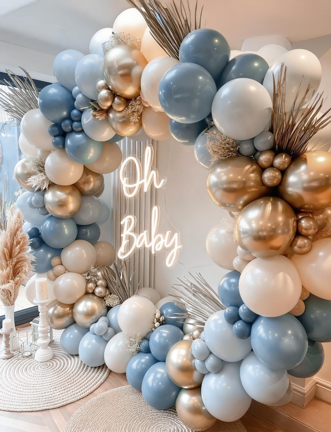 Dusty Blue and Gold Balloons - 12 Inch Dusty Blue Balloons Metallic Gold Sand White Latex Balloon Baby Shower Balloon for Girls Gender Reveal Birthday Party Supplies, Boy Baby Shower Decoration