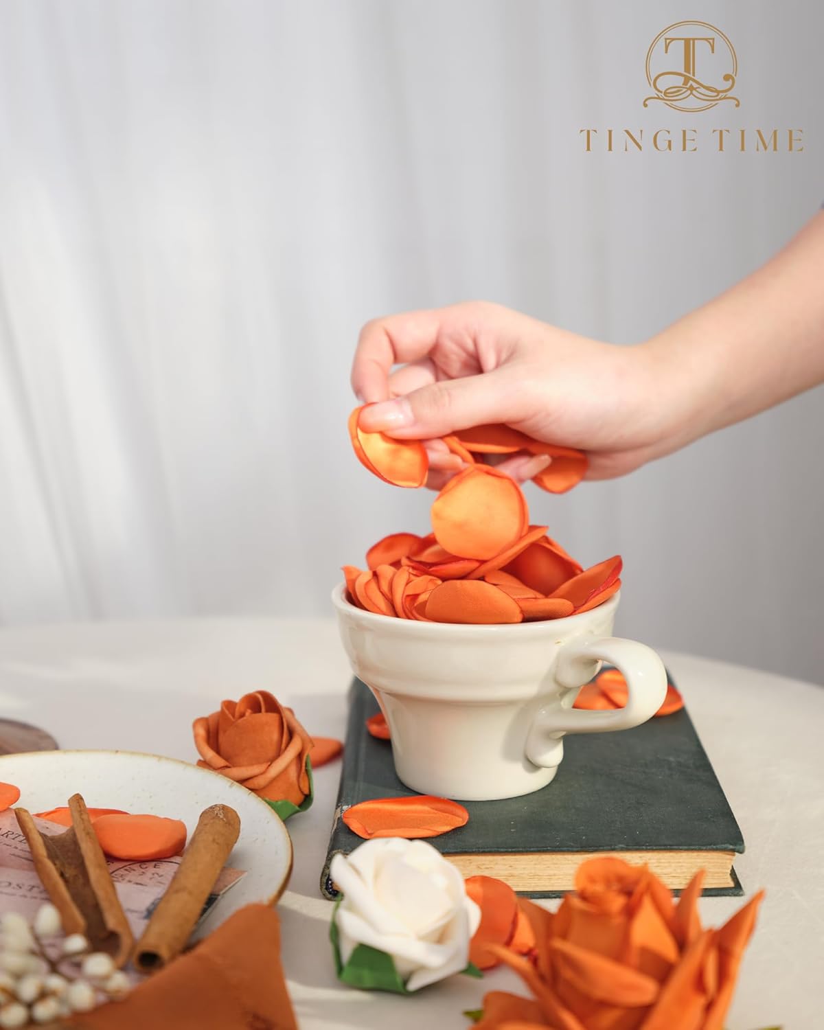 TINGE TIME Silk Flowers: 200pcs Rose Petals for Wedding, Decoration, Bridal Showers, Flower Girl Petals for Anniversaries & Parties (Burnt Orange)