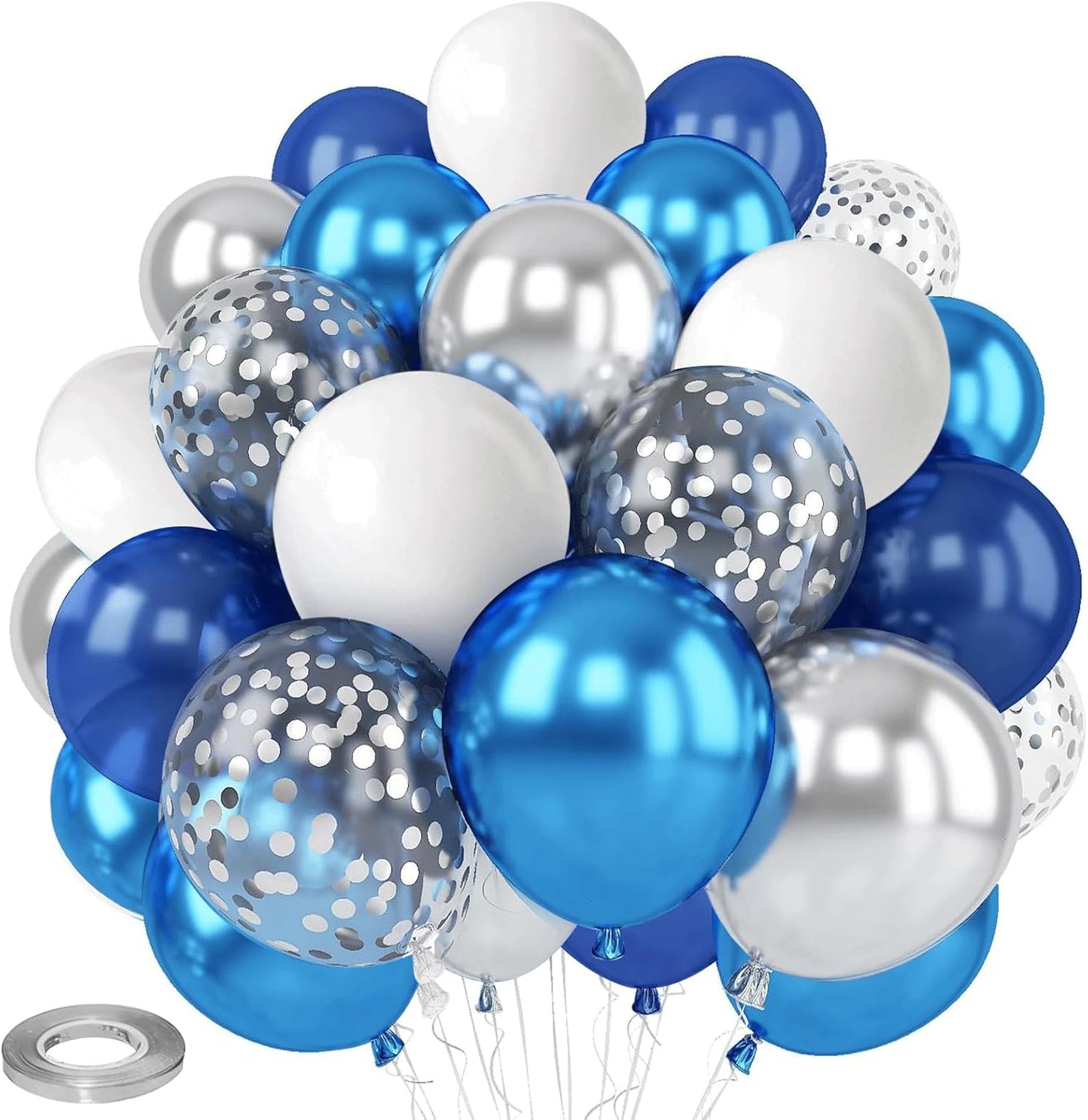 Blue White Silver Confetti Balloons, 50pcs 12 Inch Metallic Blue and Silver Balloons Clear White Confetti Latex Balloons for Birthday Wedding Anniversary Gender Revea Baby Shower Party Decorations