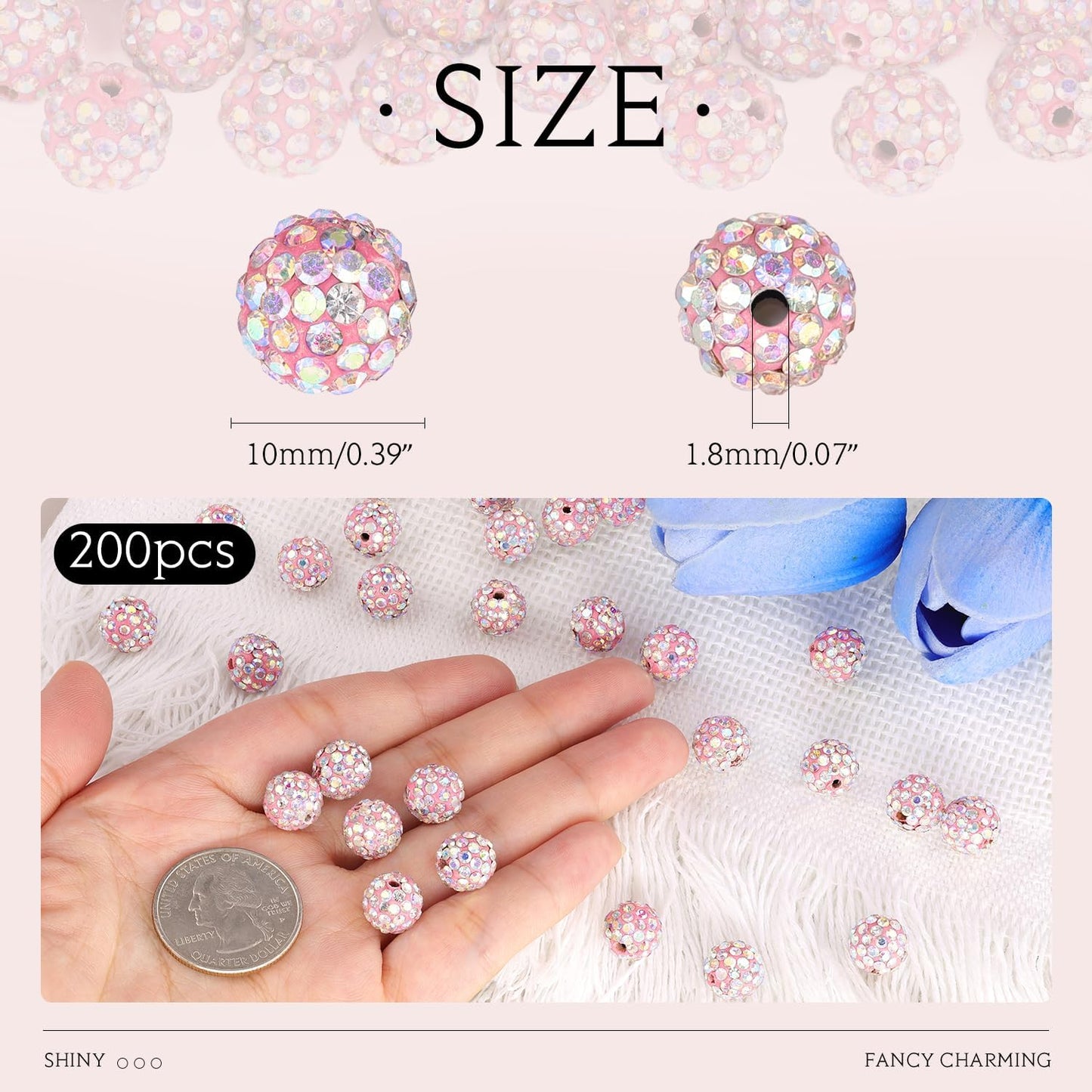 200pcs 10mm Pink AB Rhinestone Beads for Jewelry Making, Shiny Round Shamballa Disco Ball Beads Bulk, Sparkle Crystal Clay Christmas for Bracelet Baseball Necklace Earring Crafting and DIY