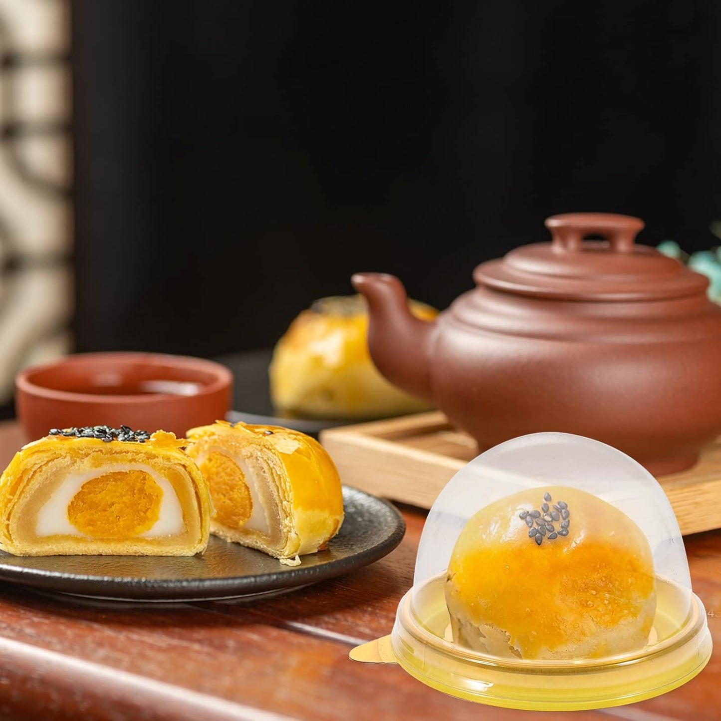 NUOBESTY Individual Cupcake Boxes, 100pcs Golden Tray Round Plastic Transparent Dome Cupcake Boxes Egg-Yolk Puff Food Container Single Mooncake Dome Boxes Baking Packing Box |2.75x2.75x1.96 inch