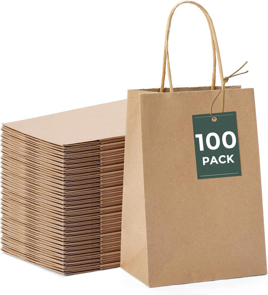GSSUSA 100 Pack Paper Gift Bags 5.25x3.75x8 Inch Small Brown Paper Bags with Handles Bulk, Brown Kraft Bag for Small Business, Sturdy Grocery Retail Shopping Birthday Party Favor Craft Bag （Made in USA）