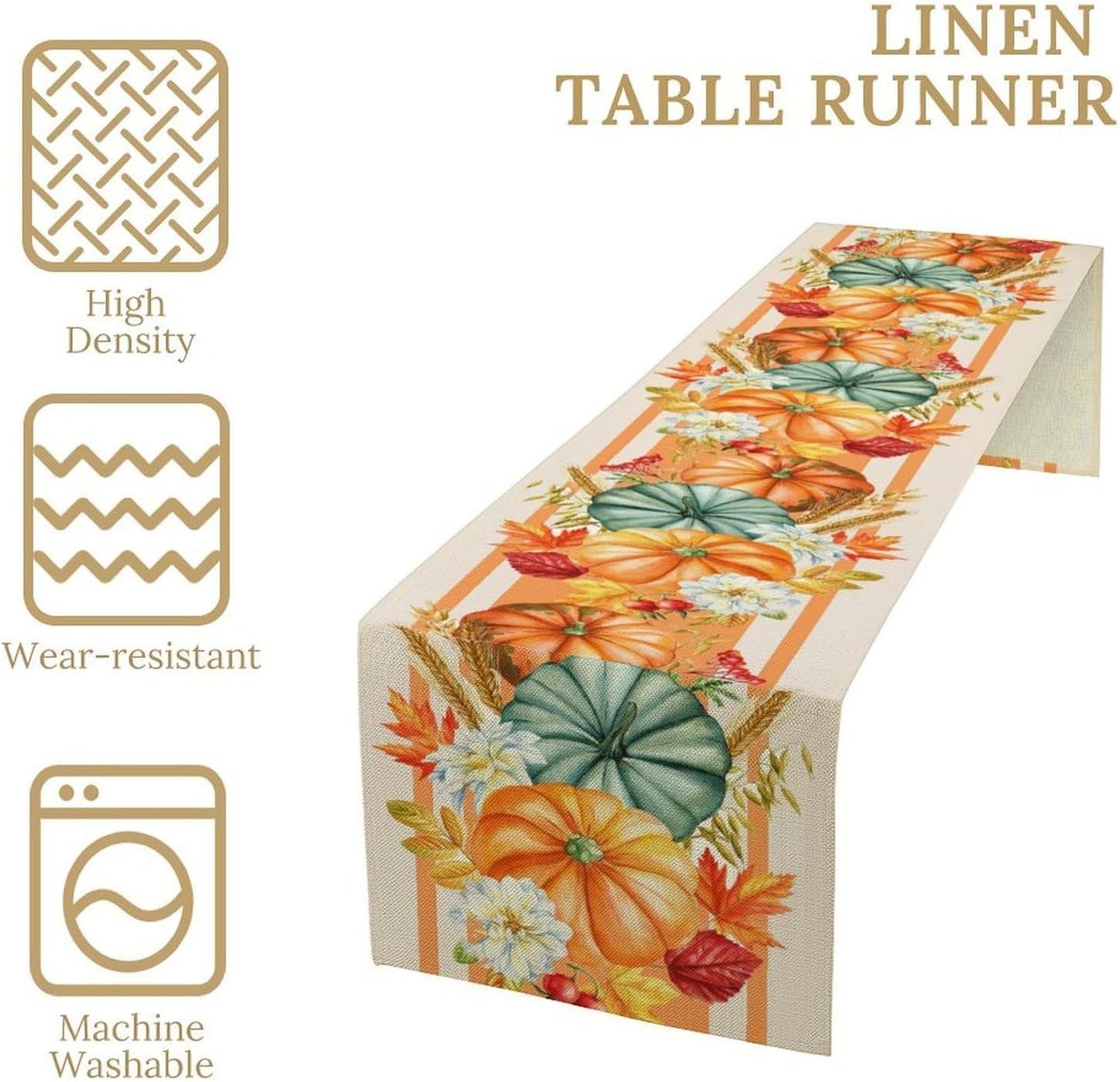 Autumn Table Runner,Orange Pumpkin Flowers Leaves Fall Table Runners Seasonal Kitchen Dining Table Decor for Thanksgiving Harvest Home Holiday Party 13x120 Inch