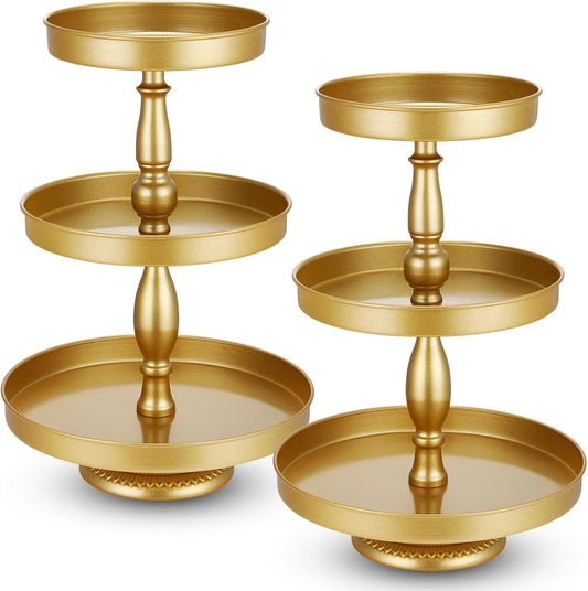 Maxdot 2 Pcs 3 Tier Cupcake Stand Holder, Round Cupcake Stand Serving Tray, Metal Tiered Tray Pastry Dessert Cake Tower Display Stand for Baby Shower Tea Party, Wedding and Birthday (Gold)