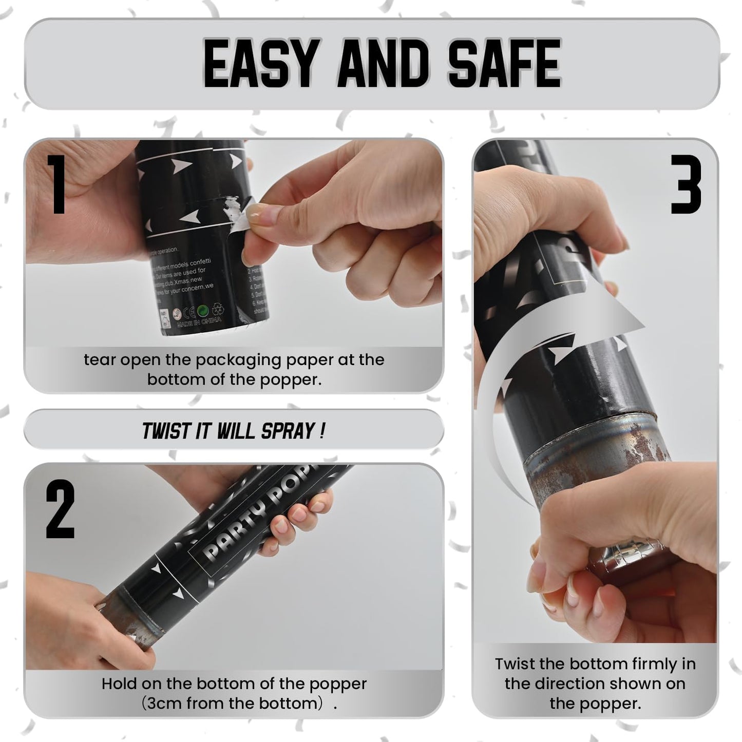 Party Poppers Confetti Cannon 12 Pack Silver Poppers 12 Inch Party Shooters Mylar Confetti Silver Foil Confetti Cannons Bulk for Wedding Birthday Graduation Baby Gender Reveal Christmas New Year