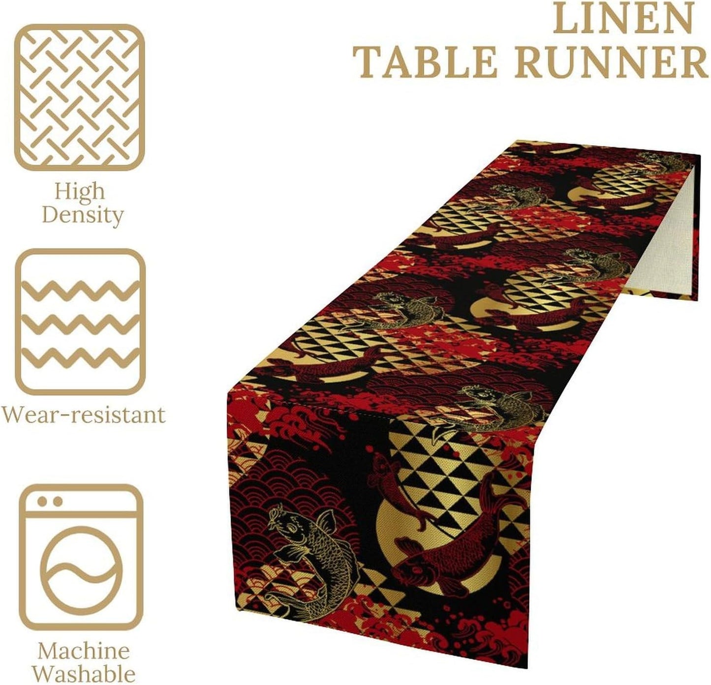 Japanese Table Runner Oriental Tradition Kio Fish Red Art Printed Burlap Runner Home Kitchen Dining Table Living Room Decor Fabric 1 Panel W13xL108in