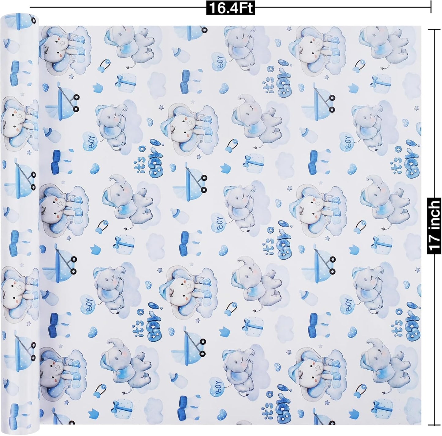 Aimyoo Blue Baby Shower Wrapping Paper Roll - 17 Inch X 16.4 Feet - Cute Elephant with It‘s A Boy Letter Design Perfect for Boys, Birthday, Party