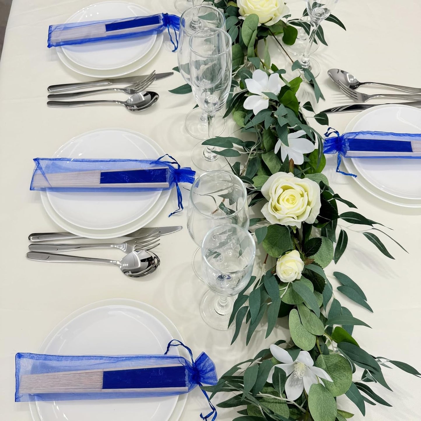 24pcs Imitated Silk Hand Fan Imitated Silk Fabric Bamboo Handheld Folded Fan Bridal Dancing Props Church Wedding Party Favors with Organza Bags (Royal Blue)