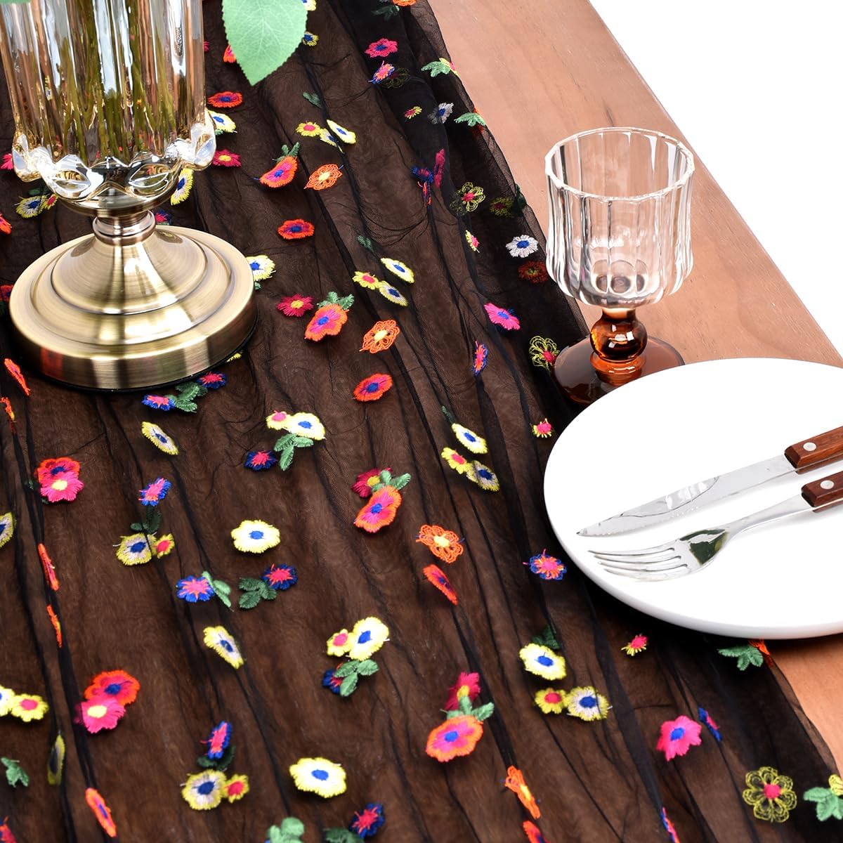 Joanlody 3pcs Black Embroidery Daisy Fall Thanksgiving Table Runner 10ft Florals Seasonal Tulle Table Runner Holiday Kitchen Dining Table Decoration for Home Party Indoor