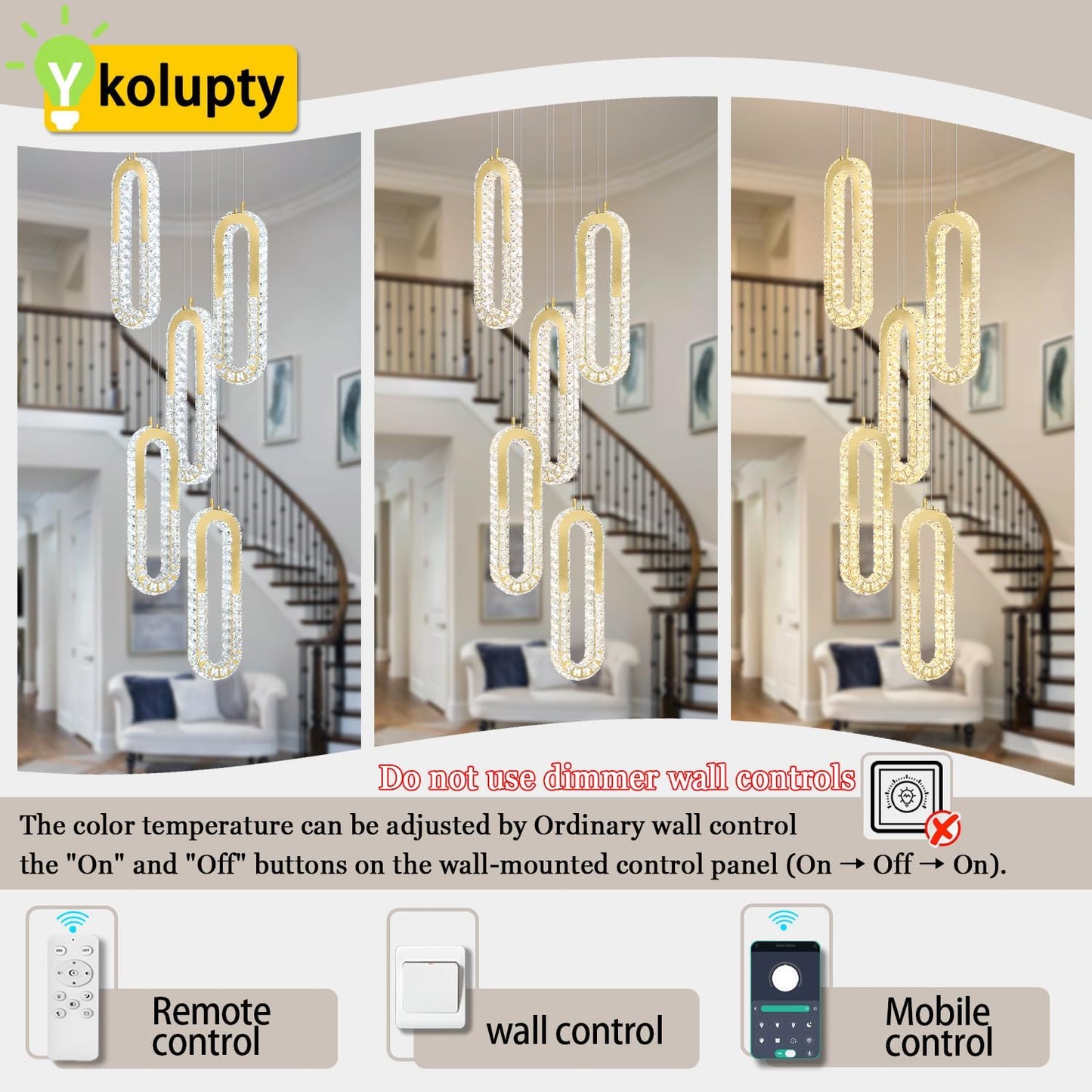 5 Rings Crystal Chandeliers for Staircase Large Pendants Light Fixture Gold High Ceiling Chandelier for Entryway Bedroom Foyer 2700K-6000K