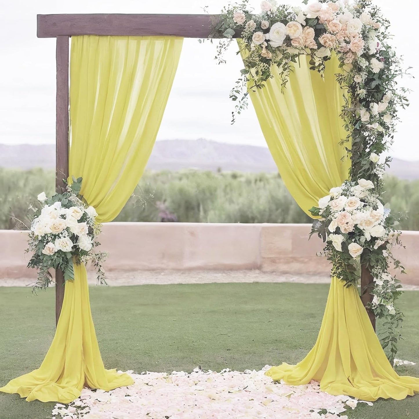DUOBAO Yellow Chiffon Backdrop Curtains 108 Inches 2 Panels 29 Inch Width Backdrops Drape Semi Sheer Curtain 108 Long Beach Drapes for Living Room Voile Background for Wedding Ceremony