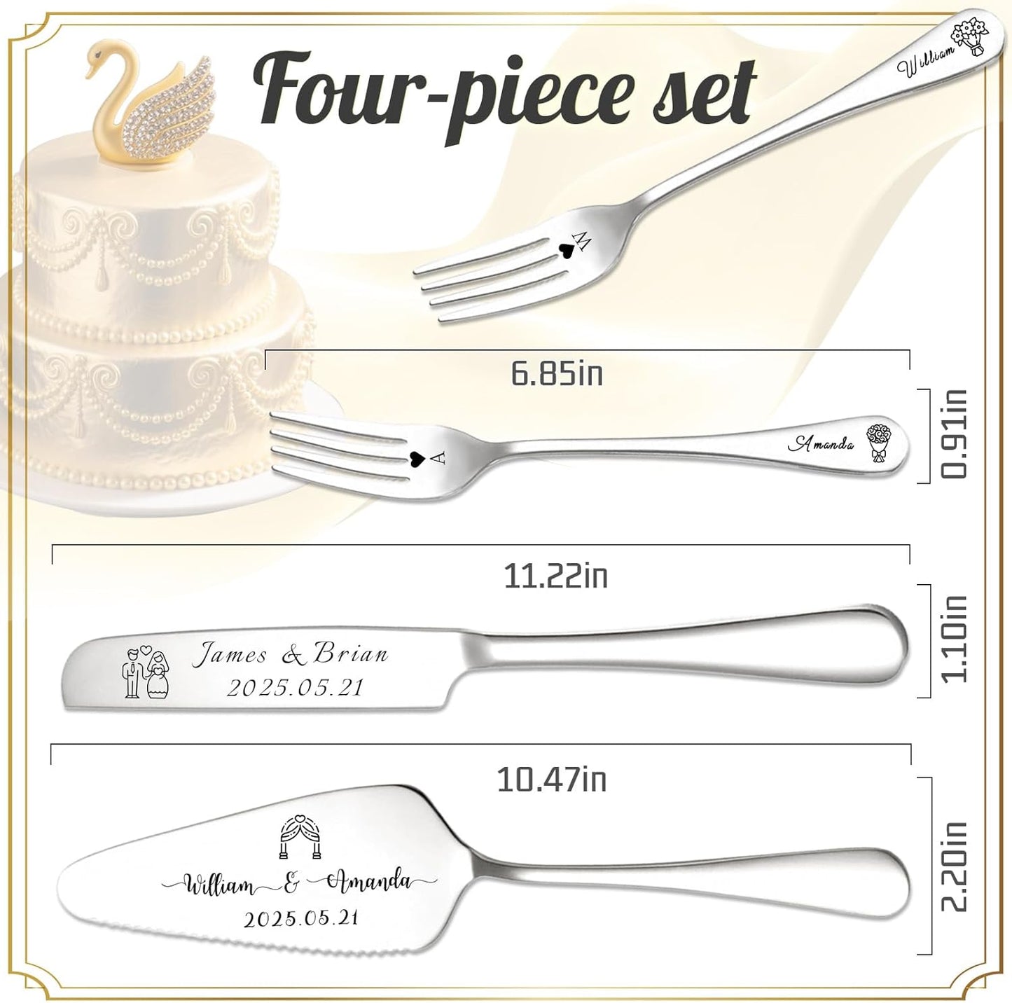 Custom Wedding Cake Knife and Server Set Personalized Cake Cutter with Engraved Text Bridal Cake Cutting Set with Gift Box for Weddings Anniversary Birthday (Silver - with fork)