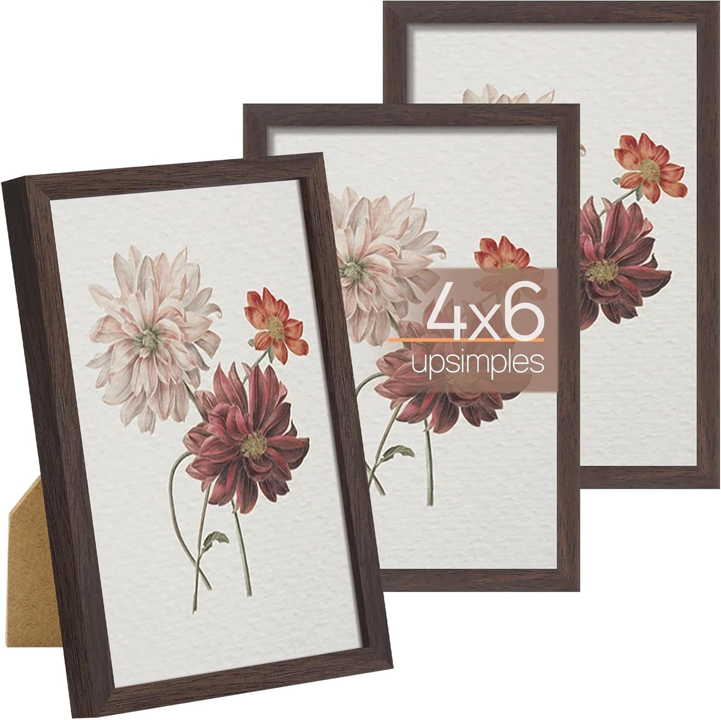 upsimples 4x6 Picture Frame Set of 3, Made of High Definition Glass for 4 x 6, Wall and Tabletop Display Thin Border Photo Frames for Home Decor, Brown
