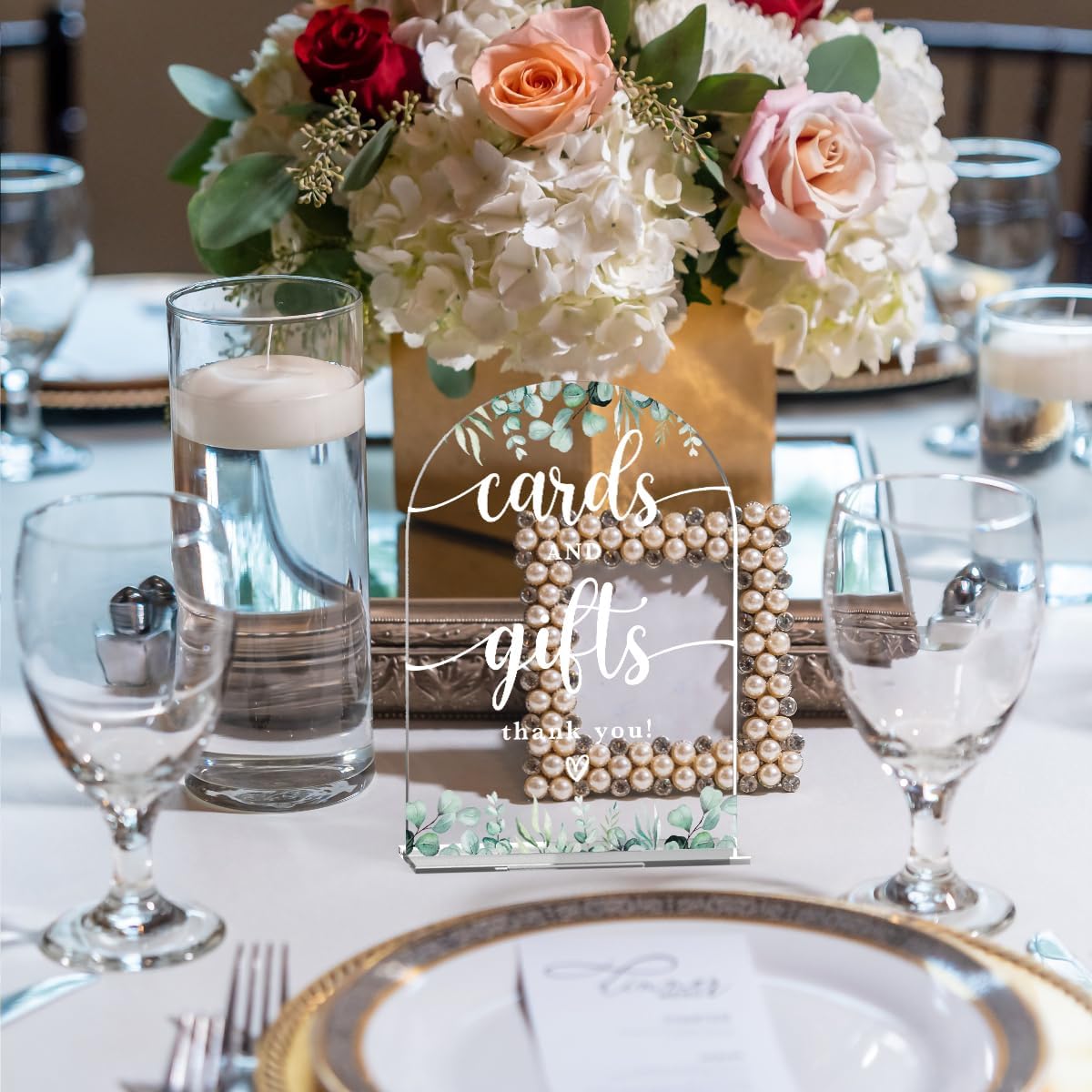 Acrylic Wedding Sign Cards and Gifts Signs Ceremony Modern Calligraphy Arch Acrylic Table Top Signs for Wedding Reception and Event Party Table Decor (Eucalyptus Leaves)