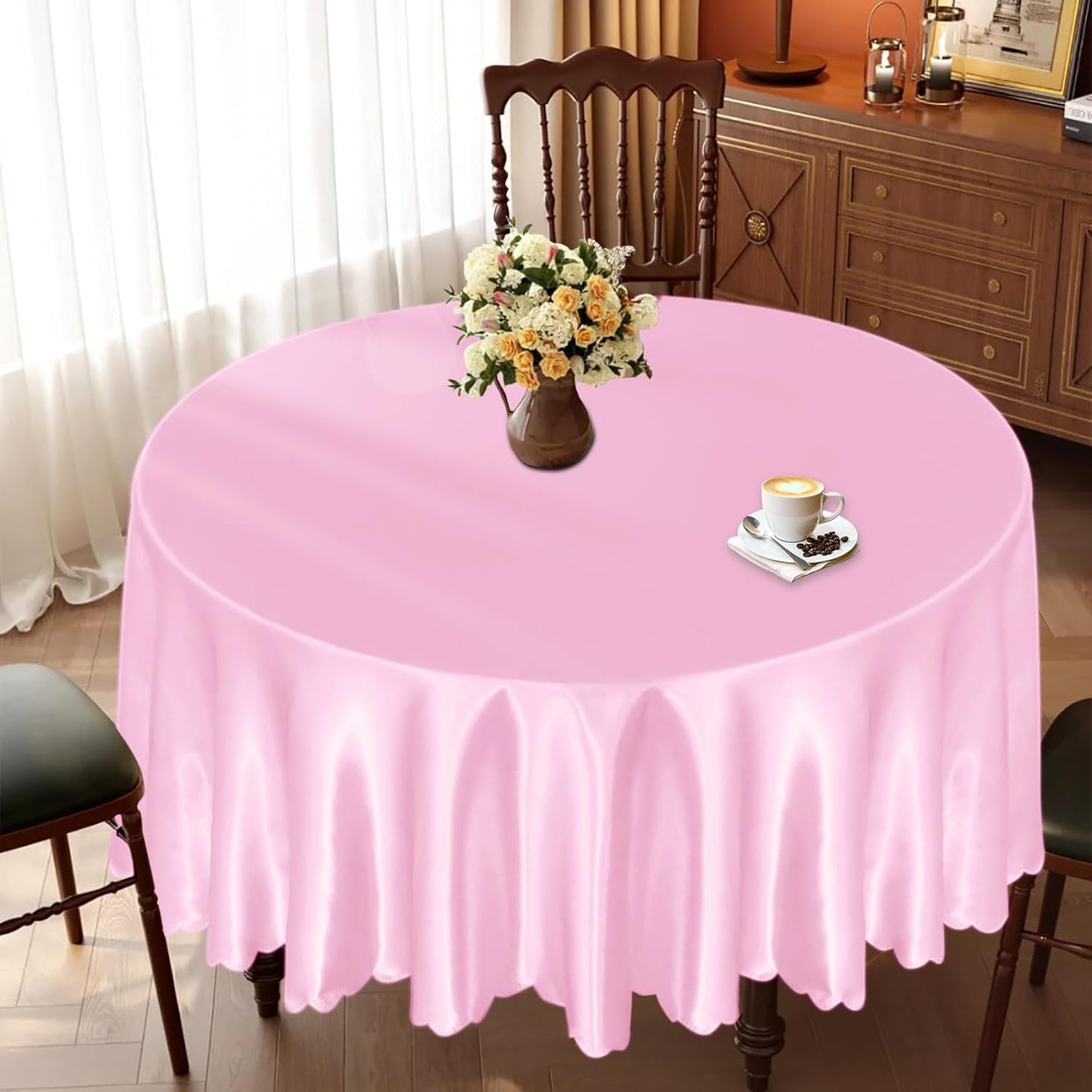 KKJIAF 1 Pack 108 Inch Round Table Cloth, Light Pink Overlay Round Satin Table Cover, Silky Satin Dining Tablecloths for Wedding Buffet Parties Banquet Decoration