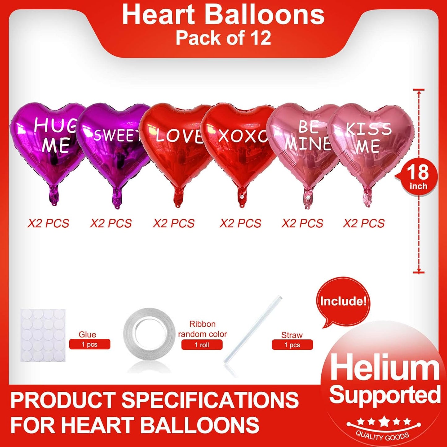 12 Pcs Red Heart Shaped Balloons 18 Inch XOXO | LOVE | SWEET Valentine Balloons for Valentines Day Bridal Shower Wedding Party Decorations (Red,Pink, Hot Pink)
