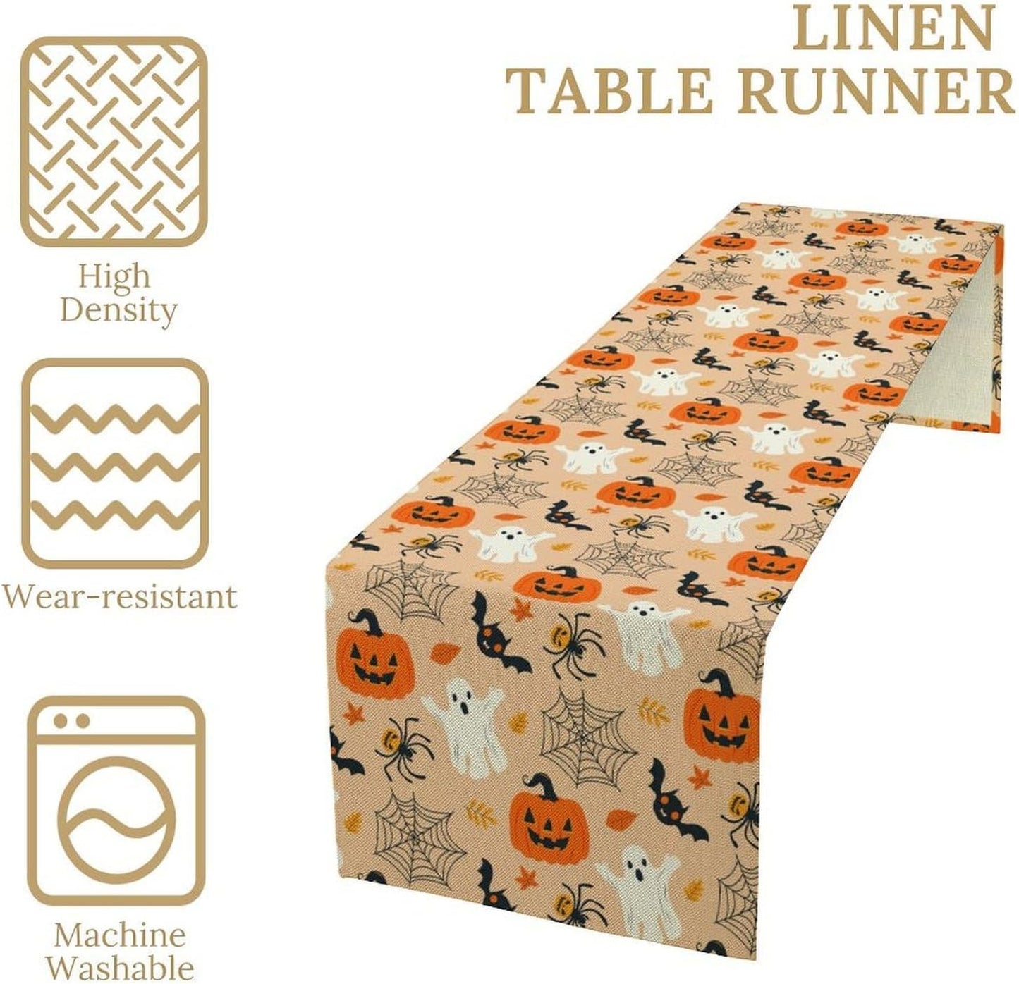 Halloween Table Runner,Cute Ghost Pumpkin Leaves Table Runner for Kitchen Dining Table Decoration Home Party Decor 13x120 Inch