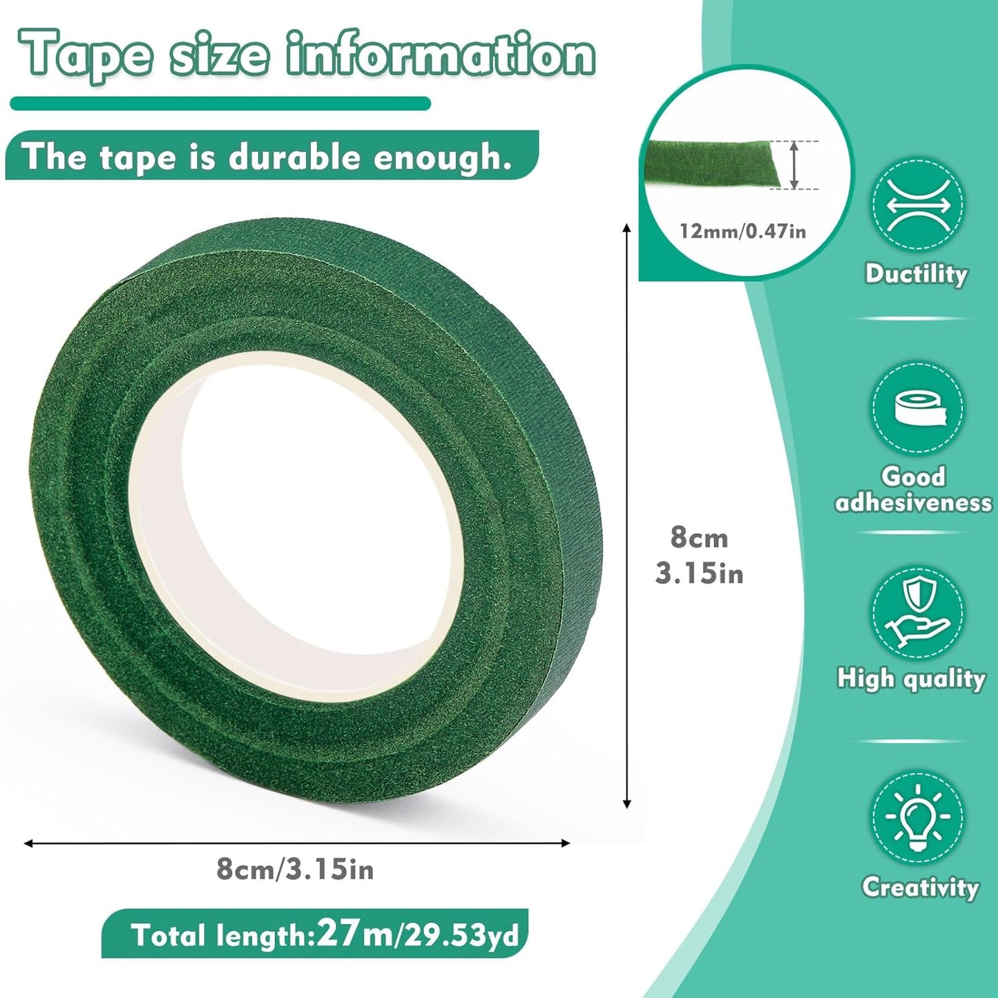 Floral Tape 1/2inch Flower Tape, Flower Tape for Bouquet Stem Wrap Floral Arranging Craft Projects Corsages, Wedding Bouquet