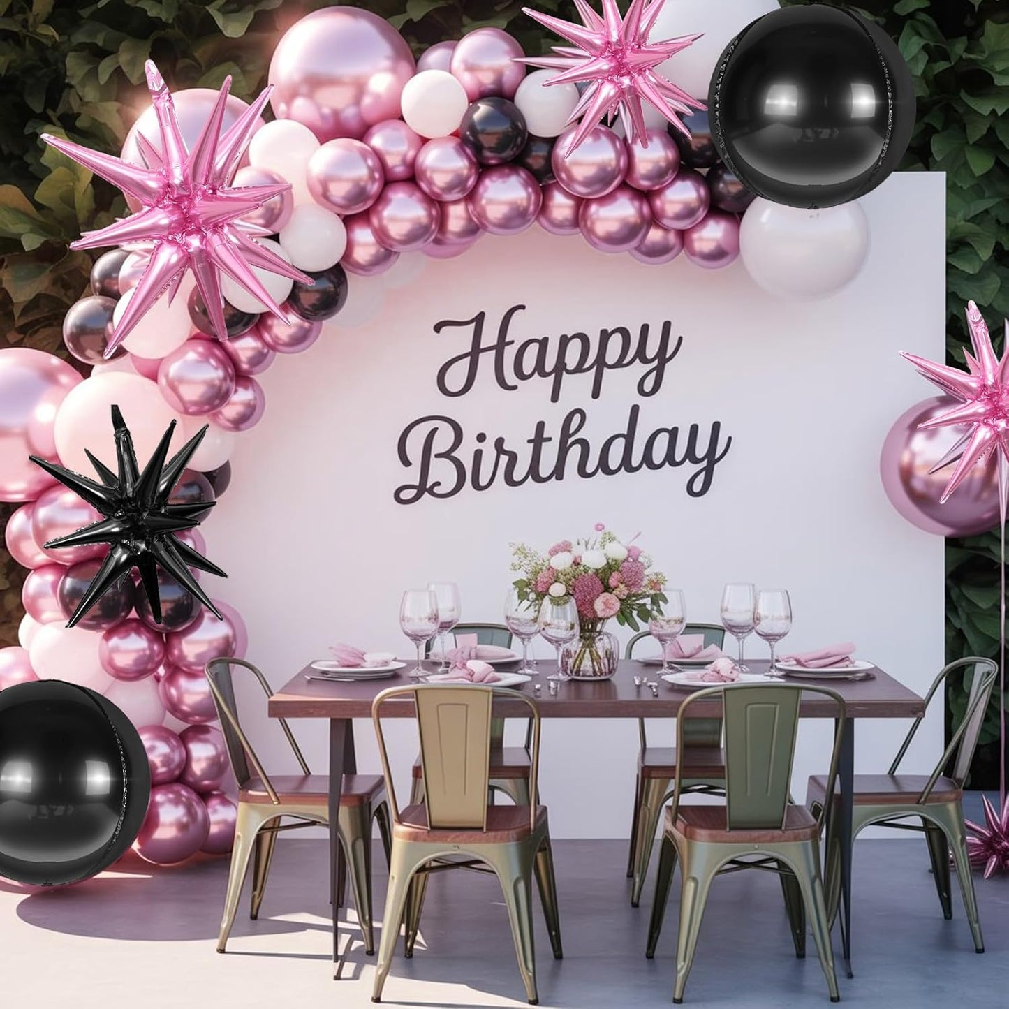 6Pcs Pink Black Foil Balloons,22Inch Black and Pink 4D Round Ball Balloon and Explosion Star Balloon for Birthday Wedding Baby Shower Anniversary Party Party Decorations