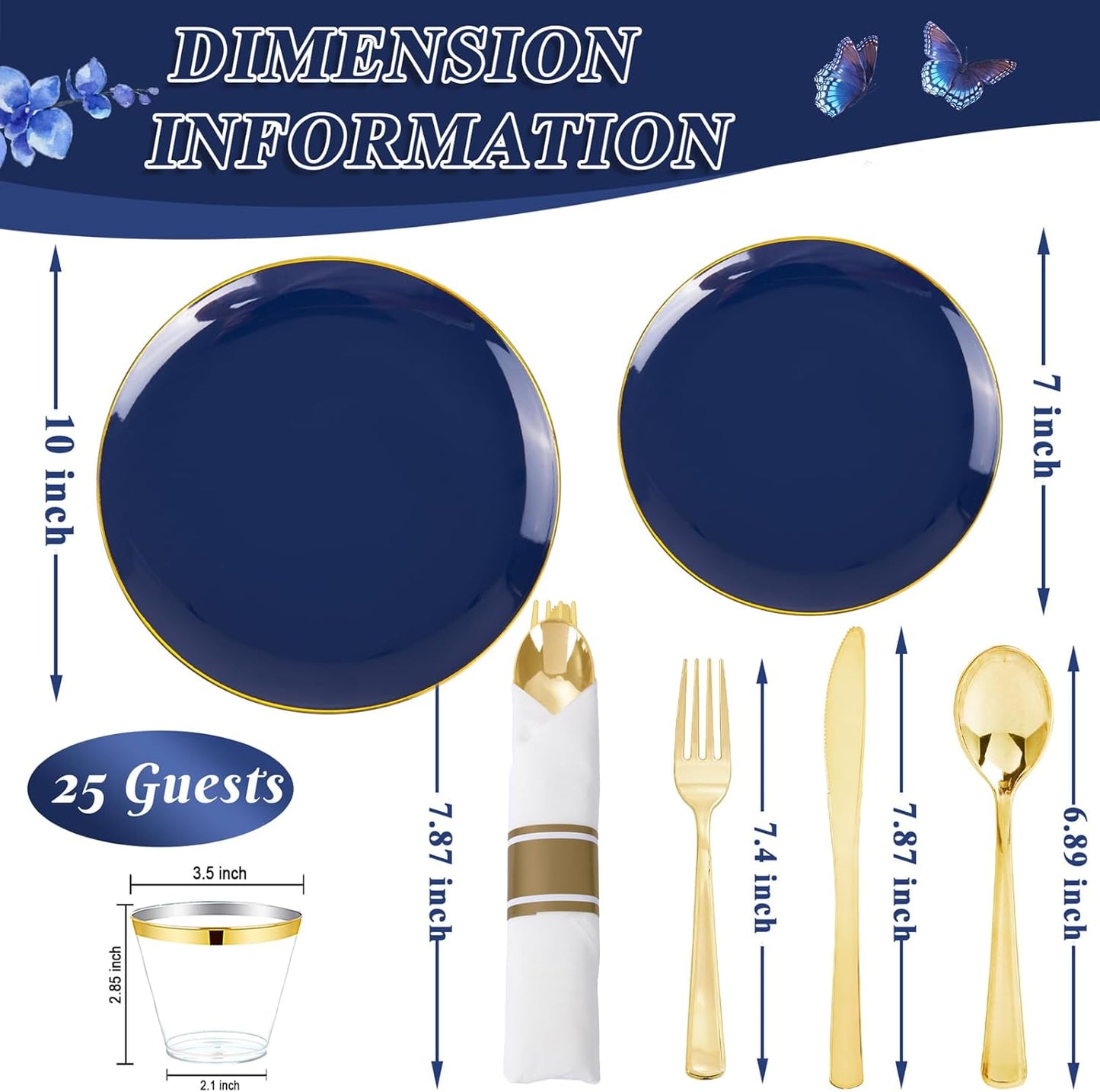 KIRE 175Pcs Blue Plastic Plates - Navy Blue Plates Disposable - 25 for Dinner 25 for Dessert 25 Pre Rolled Napkins with Gold Plastic Silverware and 25 Cups for Birthday Party/Wedding