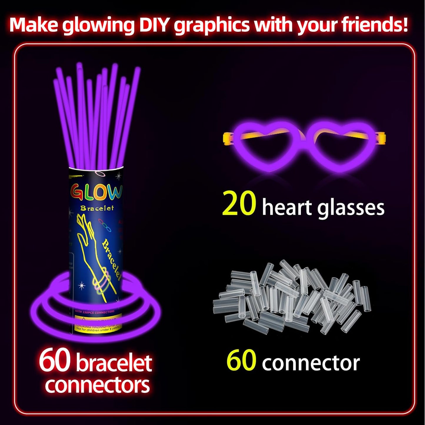 60 Pack 8” Purple Glow Sticks Bulk Bright Glow Sticks with 60 Connectors 20 Heart Glasses Glow In The Dark Party Supplies Neon Party Decorations Glow Bracelet Glasses for Carnival (Purple)