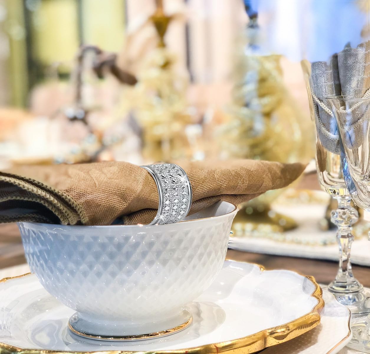 Silver Diamond Napkin Ring Set of 12 Rhinestone Crystal Glass Framed Napkin Holder for Table Decor,Thanksgiving,Christmas,Anniversary, Birthday, Holiday, Party Serviette Buckles Home Decoration