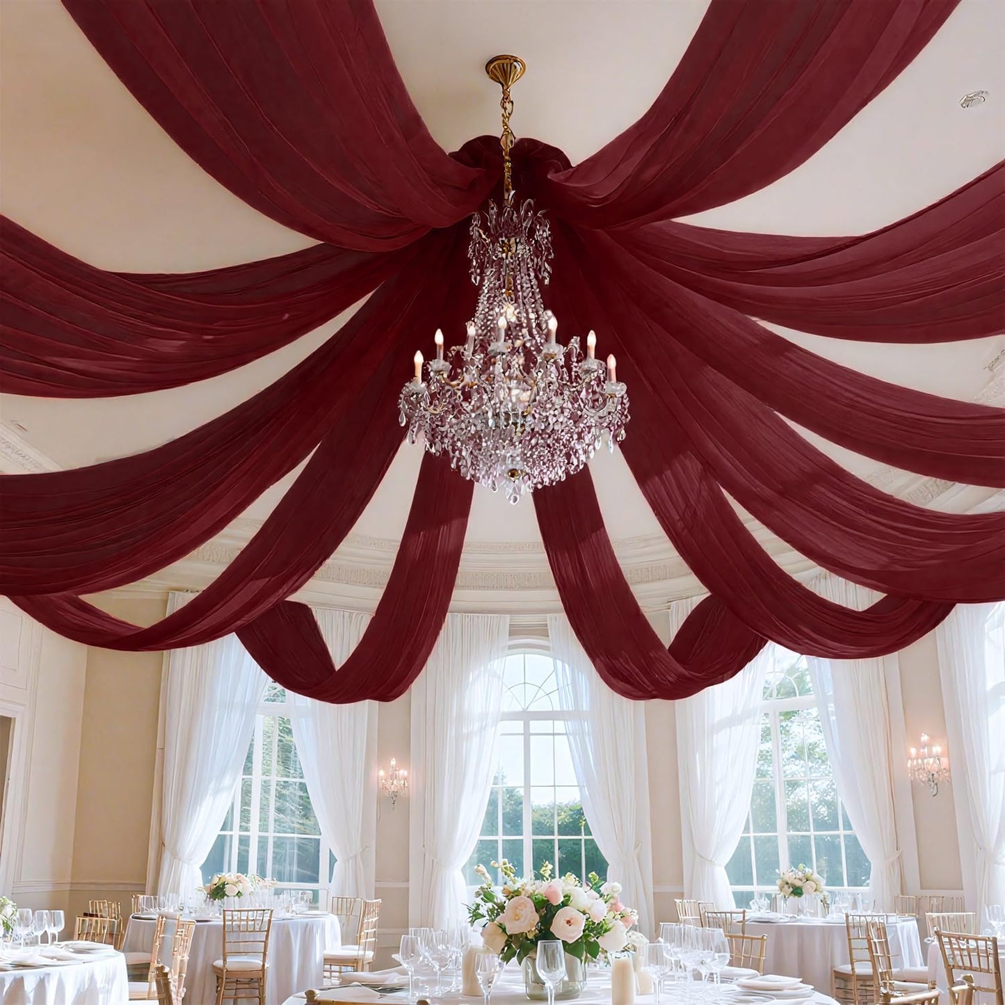 FUHSY Ceiling Drapes Wedding Arch Draping Fabric Chiffon Fabric Drapery Burgundy Chiffon Curtains for Backdrop 5FTx20FT 2 Panels Arch Decorations for Ceremony Party Wedding Archway Ceiling Curtains