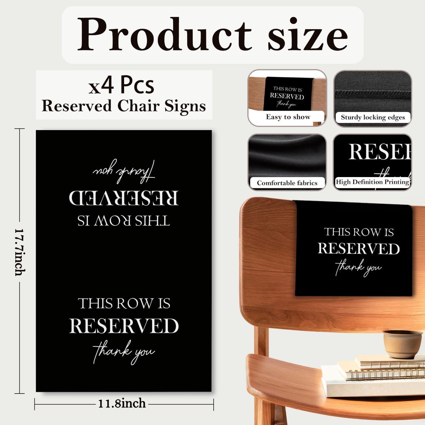 Reserved Seating Chair Signs, This Row Is Reserved Pew Cloths Seating Placeholder for Church Pews, Wedding Decorations for Reception Parties Celebrations Event Meetings (Black, 4 PCS)