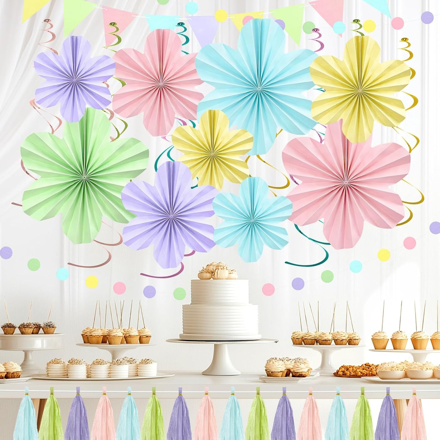 Pastel Rainbow Party Decorations, Pastel Birthday Decorations with Colorful Hanging Paper Flowers,Tassel Garland and Swirls for Boys Girls, Baby Showers Wedding Party Supplies