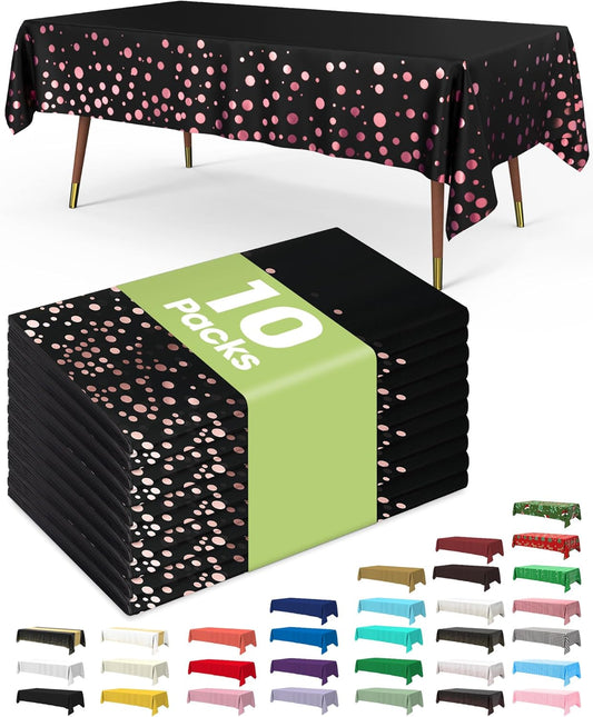 Pureegg Plastic Table Cloth Disposable 10 Pack, 54 x 108 Inch Table Cloths, Graduation Decorations of 2025, Graduation Tablecloths, Rectangle, Plastic Cover, Leakproof & Sturdy, Black and Rose Gold