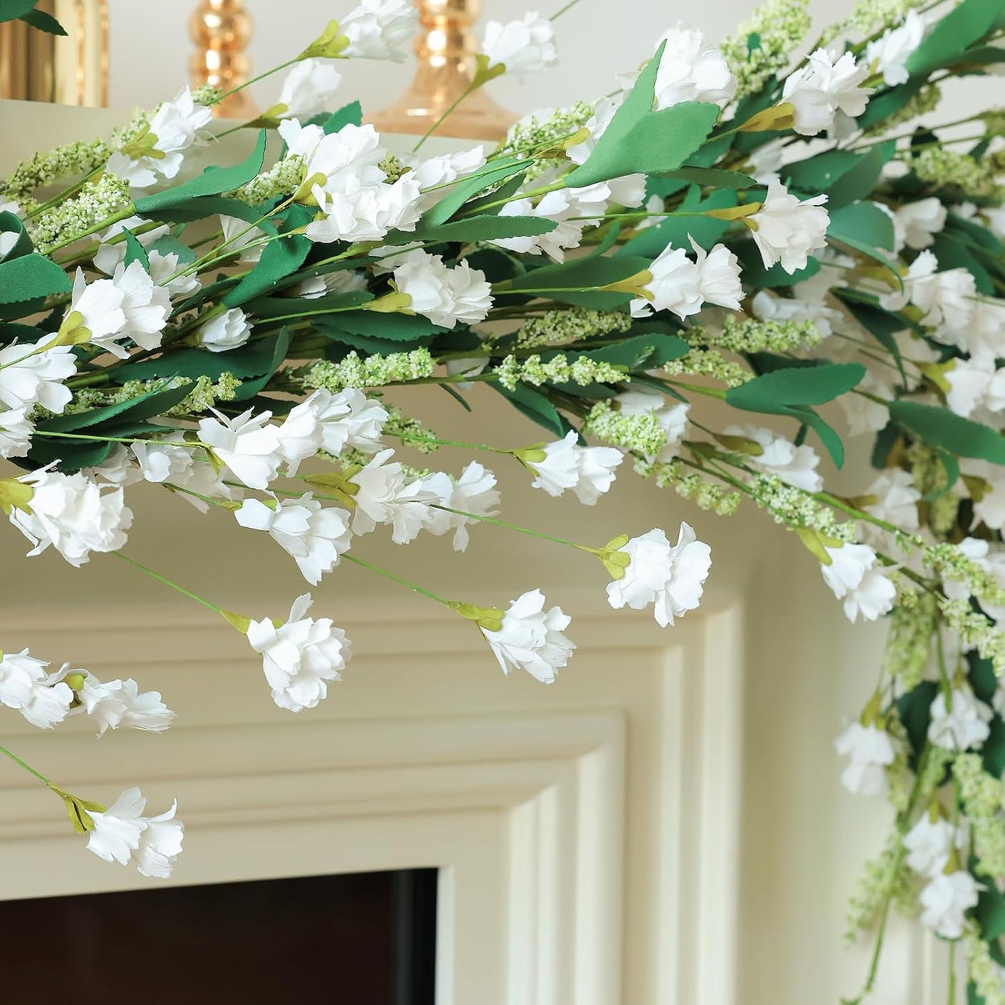 Mizii White Artificial Flower Garland 6FT Fake Wildflower Floral Garland Hanging Vines Spring Summer Flowers Decorations for Mantle Table Centerpieces Room Wall Fireplace Wedding Decor (White)