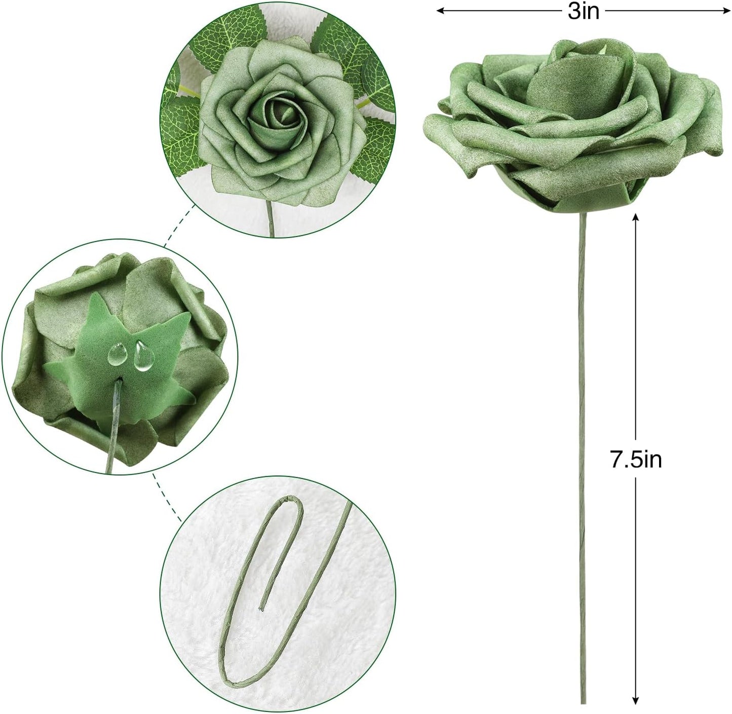 AmyHomie Artificial Flowers Green Rose 25pcs Real Looking Fake Roses w/Stem for DIY Wedding Bouquets Centerpieces Arrangements Party Baby Shower Home Decorations